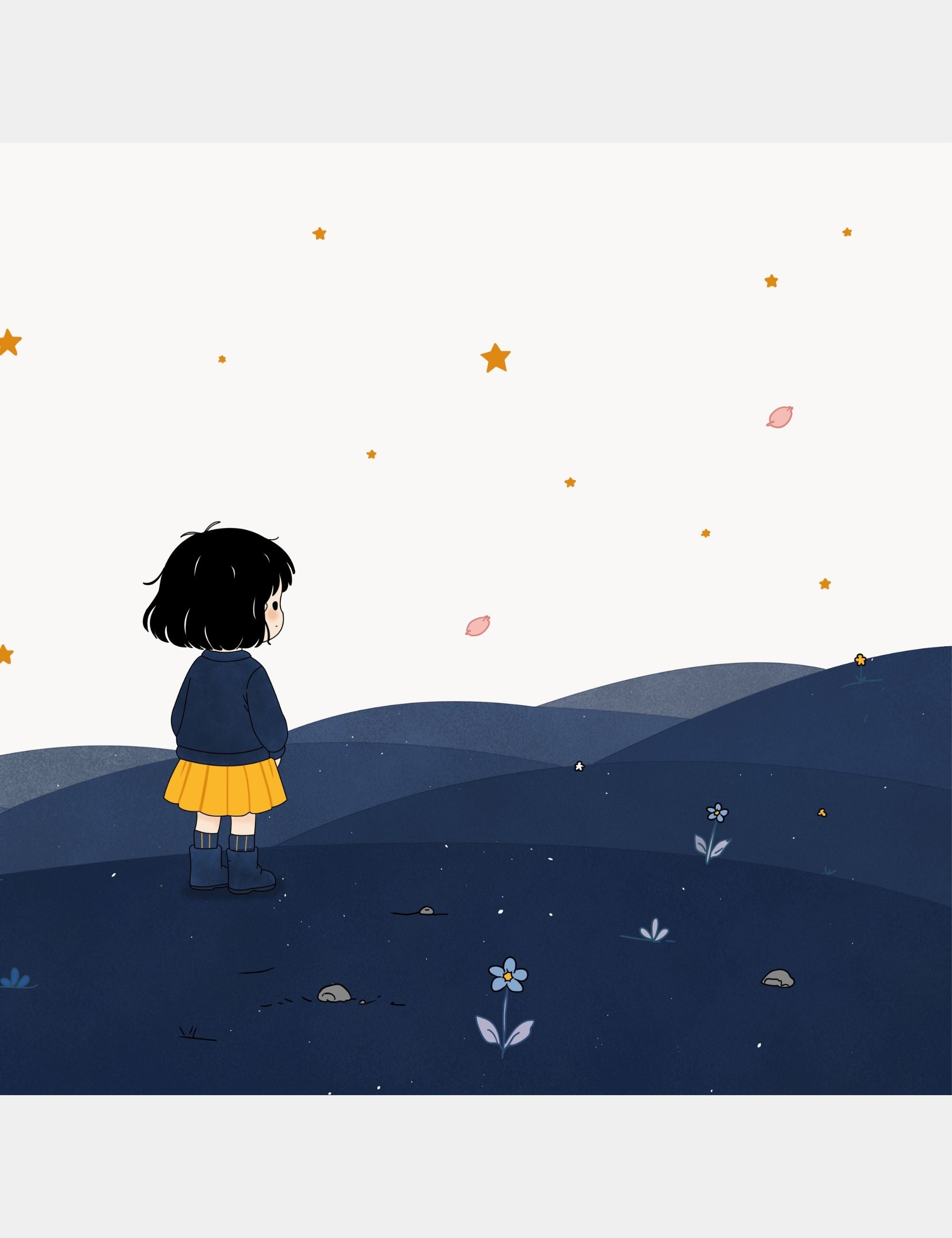 Preview illustration from Bella the Sunshine Girl showing Bella standing quietly on the dark blue hills of Big Blue beneath soft stars and fading flowers.