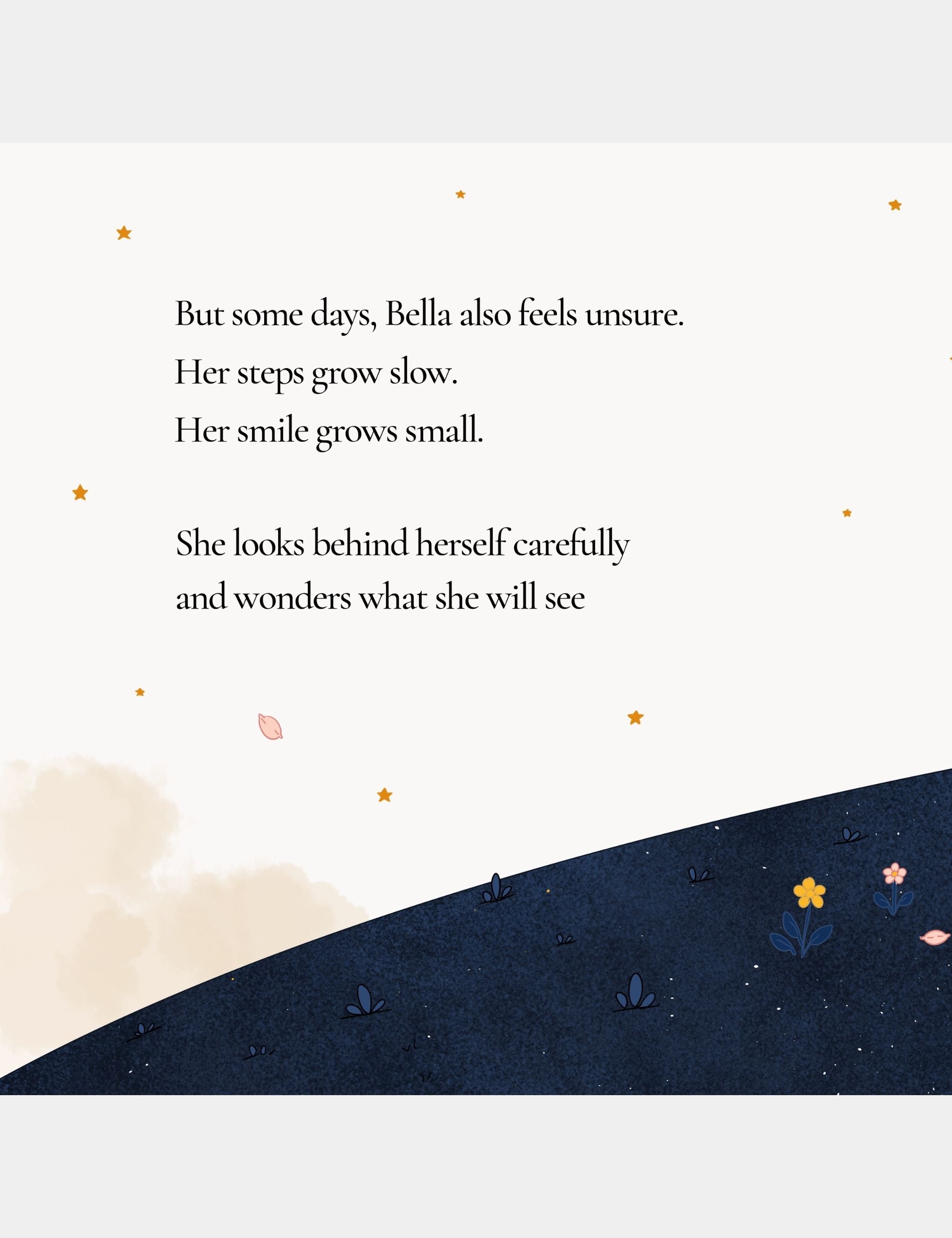 Preview page from Bella the Sunshine Girl featuring a reflective passage about Bella feeling unsure as the blue hills of Big Blue stretch quietly beneath soft stars and petals.