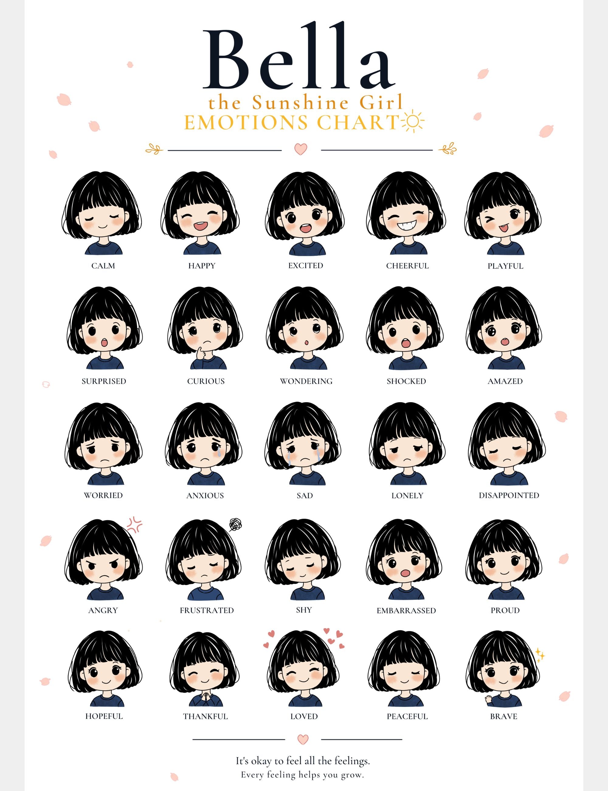 Bella the Sunshine Girl 25 Emotions Chart printable featuring 25 child-friendly facial expressions that help children learn emotional awareness, empathy, confidence, and social emotional learning skills.