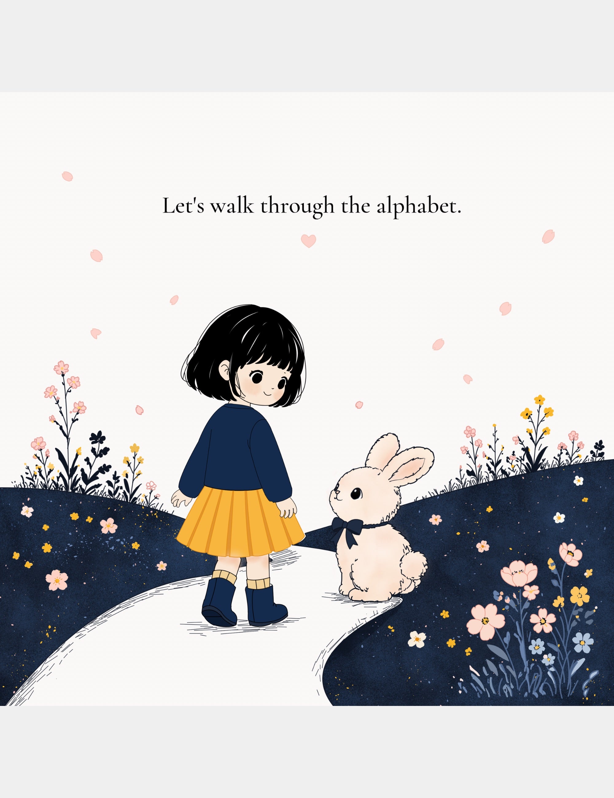 Bella and Bun walking together through flowers on a winding path in Bella the Sunshine Girl: ABC Book, welcoming children into a gentle alphabet journey.