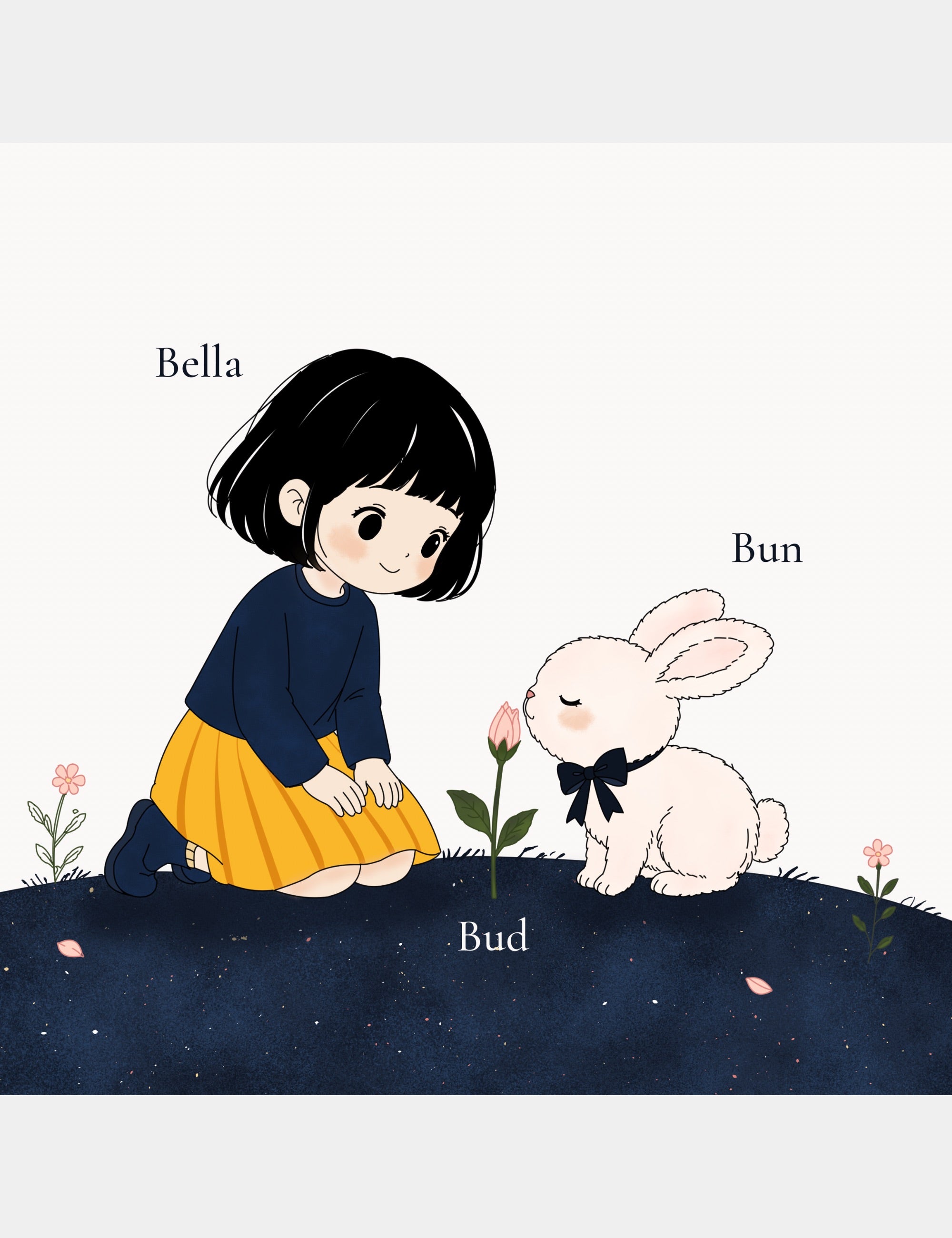 Bella and Bun sitting beside a flower bud in Bella the Sunshine Girl: ABC Book, introducing the word Bud through a gentle illustrated nature scene.