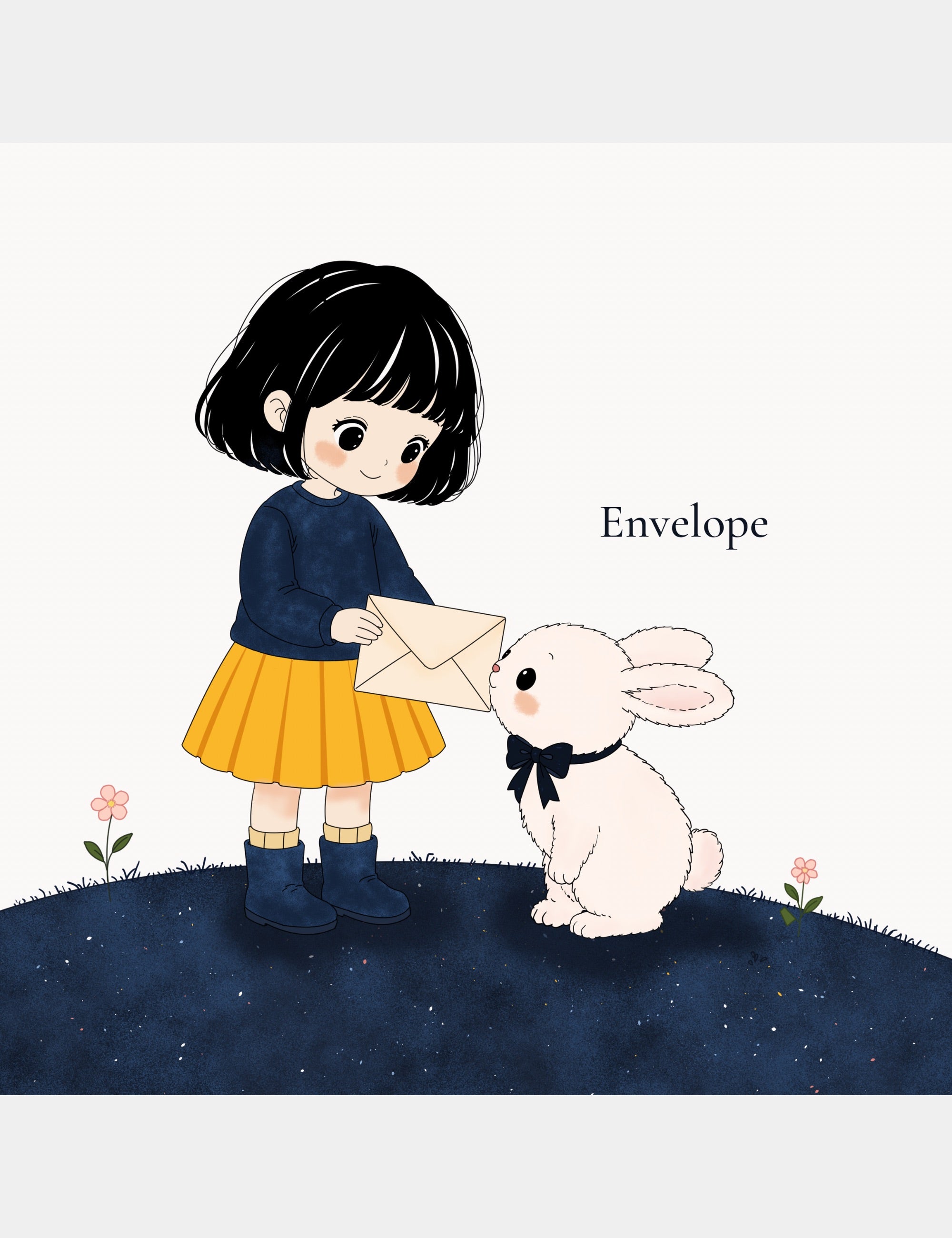 Bella handing an envelope to Bun in Bella the Sunshine Girl: ABC Book, introducing the word Envelope through a gentle alphabet learning scene.