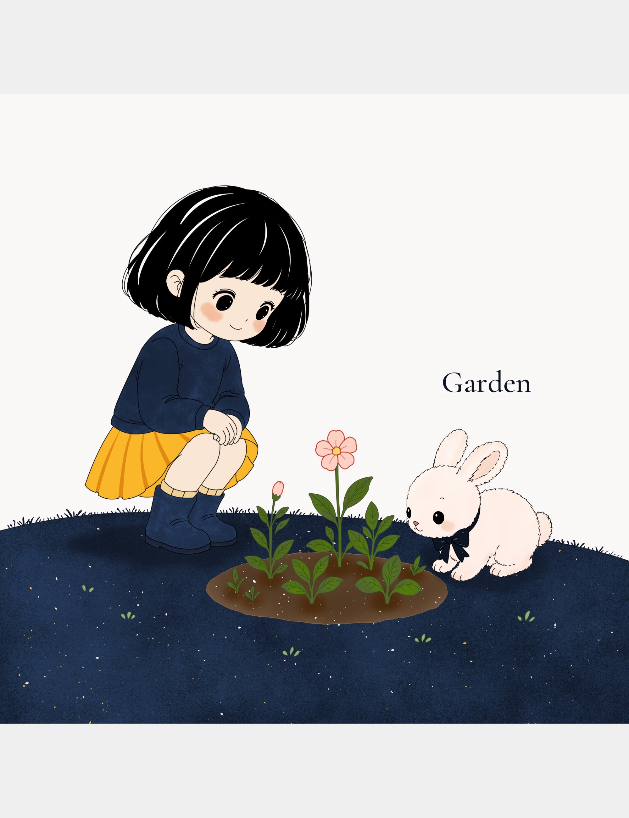 Bella and Bun exploring a small flower garden in Bella the Sunshine Girl: ABC Book, introducing the word Garden through a calm nature learning scene.