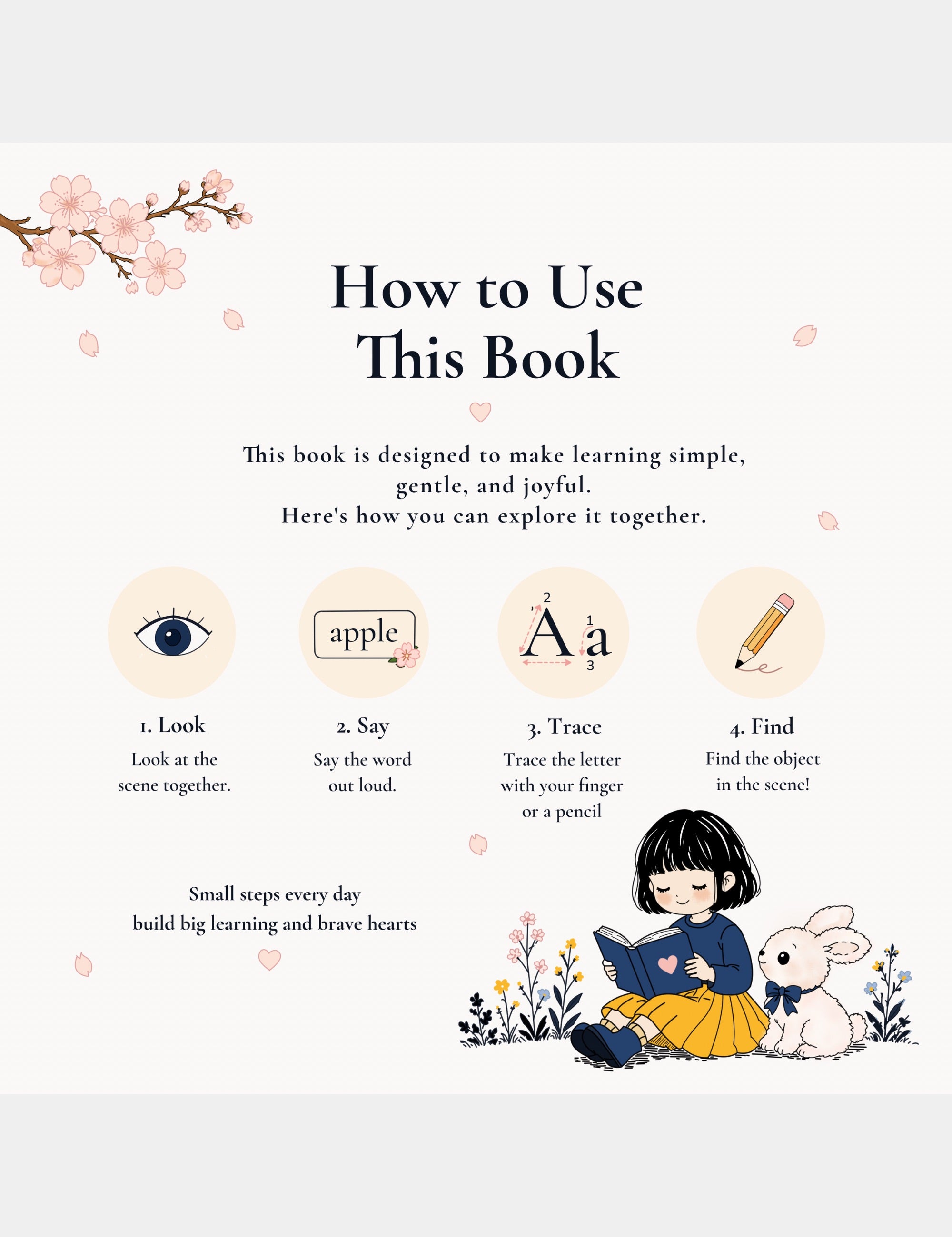 Instruction page from Bella the Sunshine Girl: ABC Book showing Bella and Bun reading together with gentle alphabet learning steps including looking, saying, tracing, and finding objects.