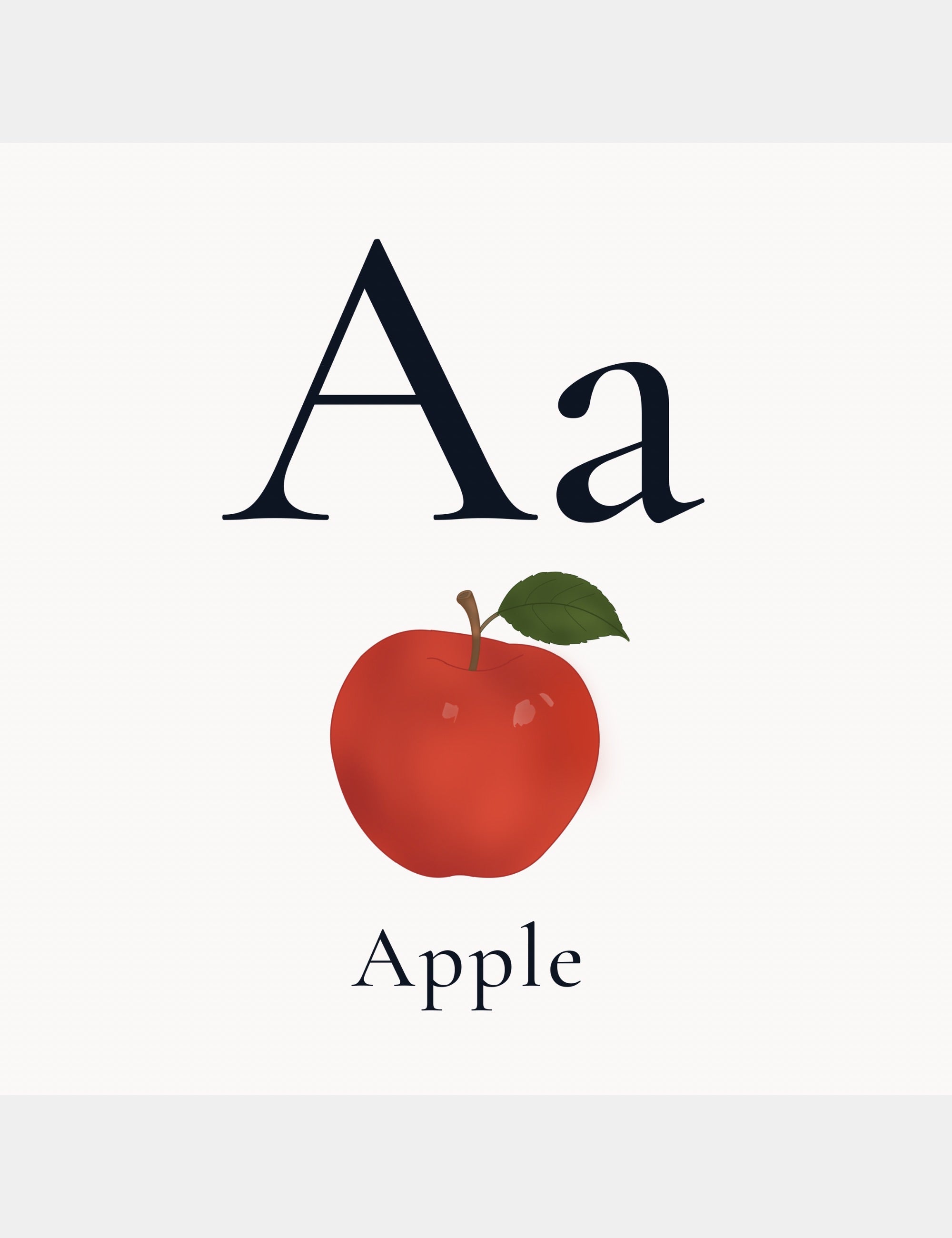 Alphabet learning page from Bella the Sunshine Girl: ABC Book featuring the letter A with a red apple illustration and the word Apple.