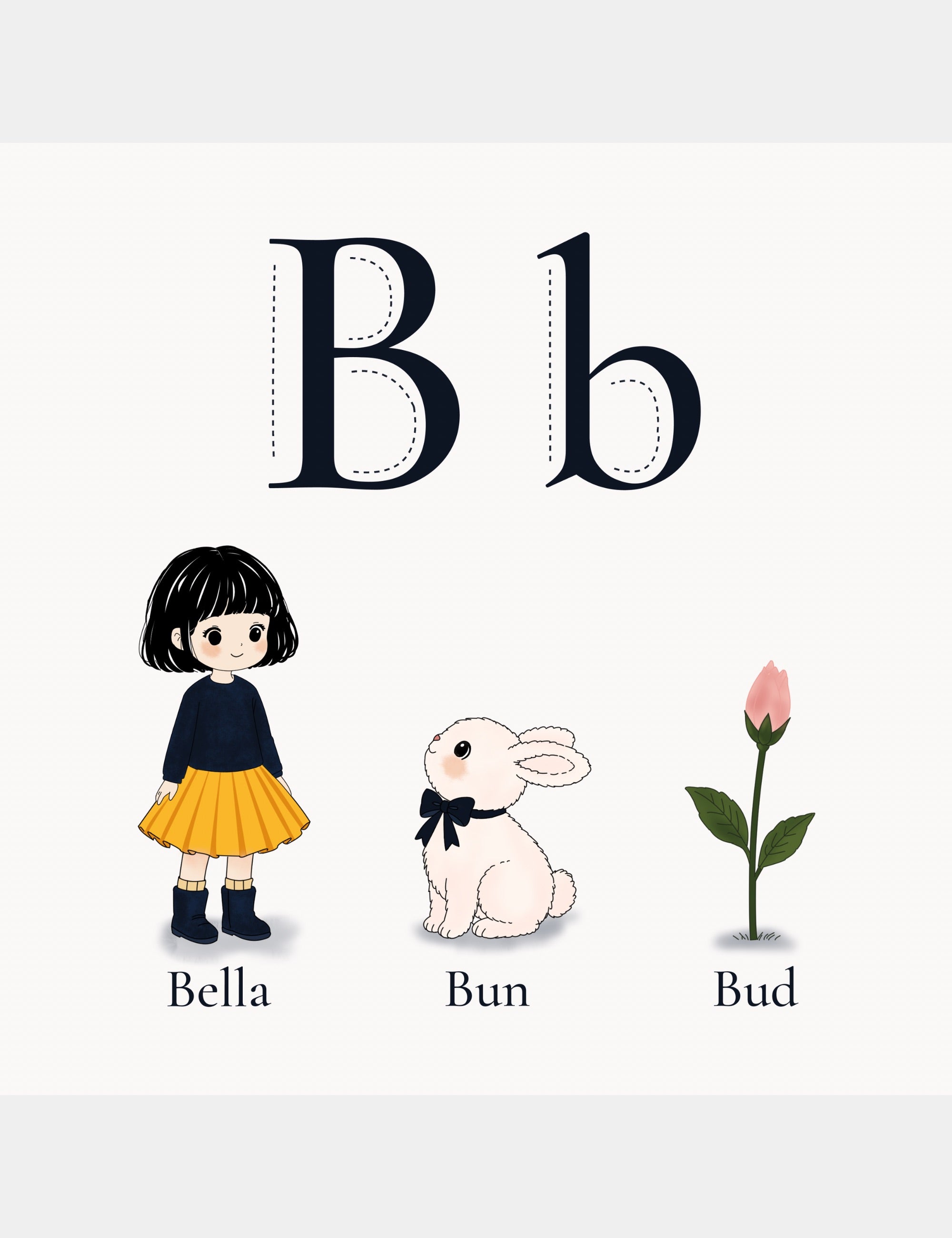 Alphabet learning page from Bella the Sunshine Girl: ABC Book featuring the letter B with Bella, Bun, and a flower bud for early word recognition.
