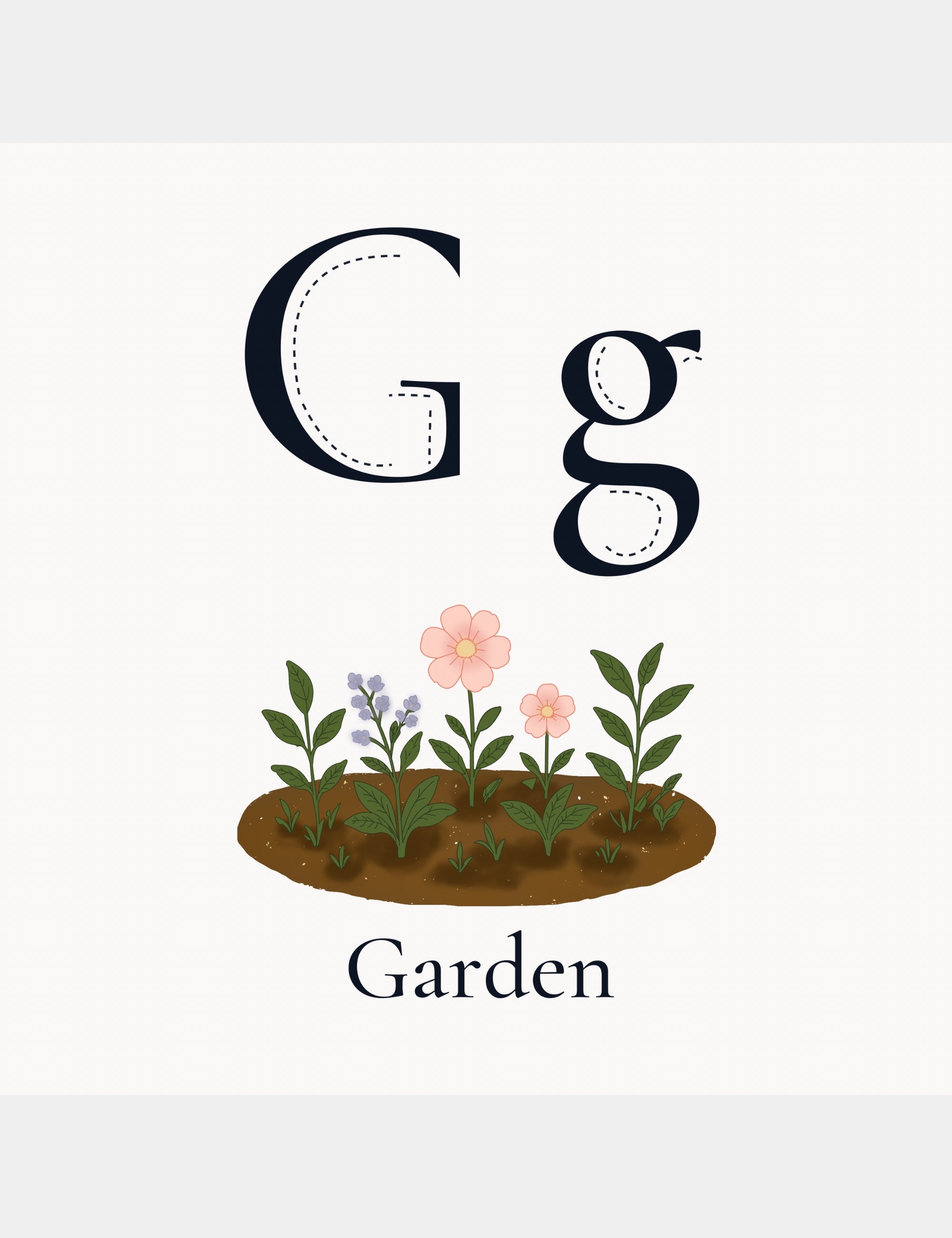 Alphabet learning page from Bella the Sunshine Girl: ABC Book featuring the letter G with a flower garden illustration and the word Garden.