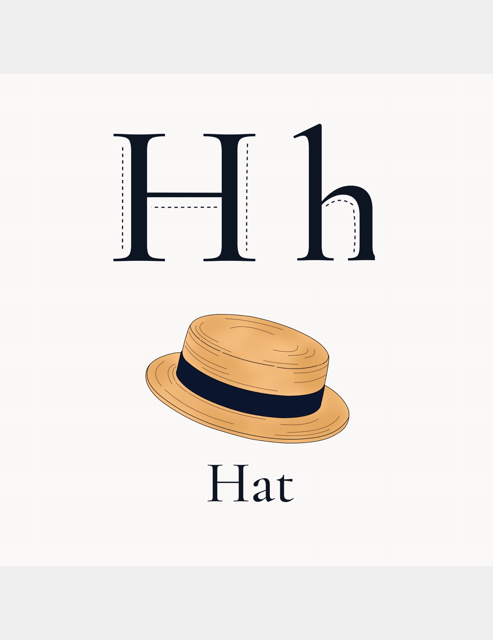 Alphabet learning page from Bella the Sunshine Girl: ABC Book featuring the letter H with a hat illustration and the word Hat.