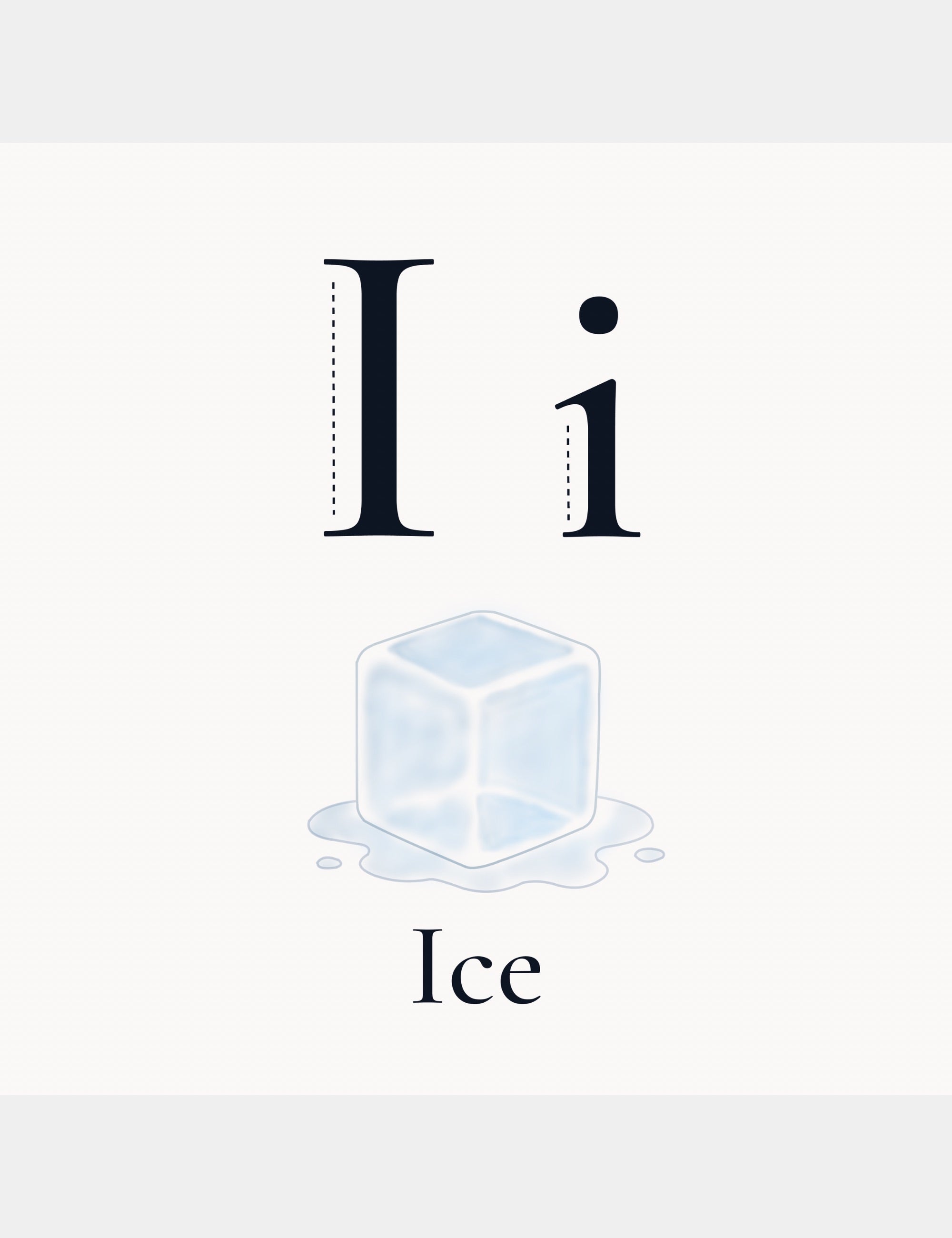 Letter I alphabet page from Bella the Sunshine Girl: ABC Book featuring a soft illustrated ice cube with the word Ice for early childhood alphabet learning.