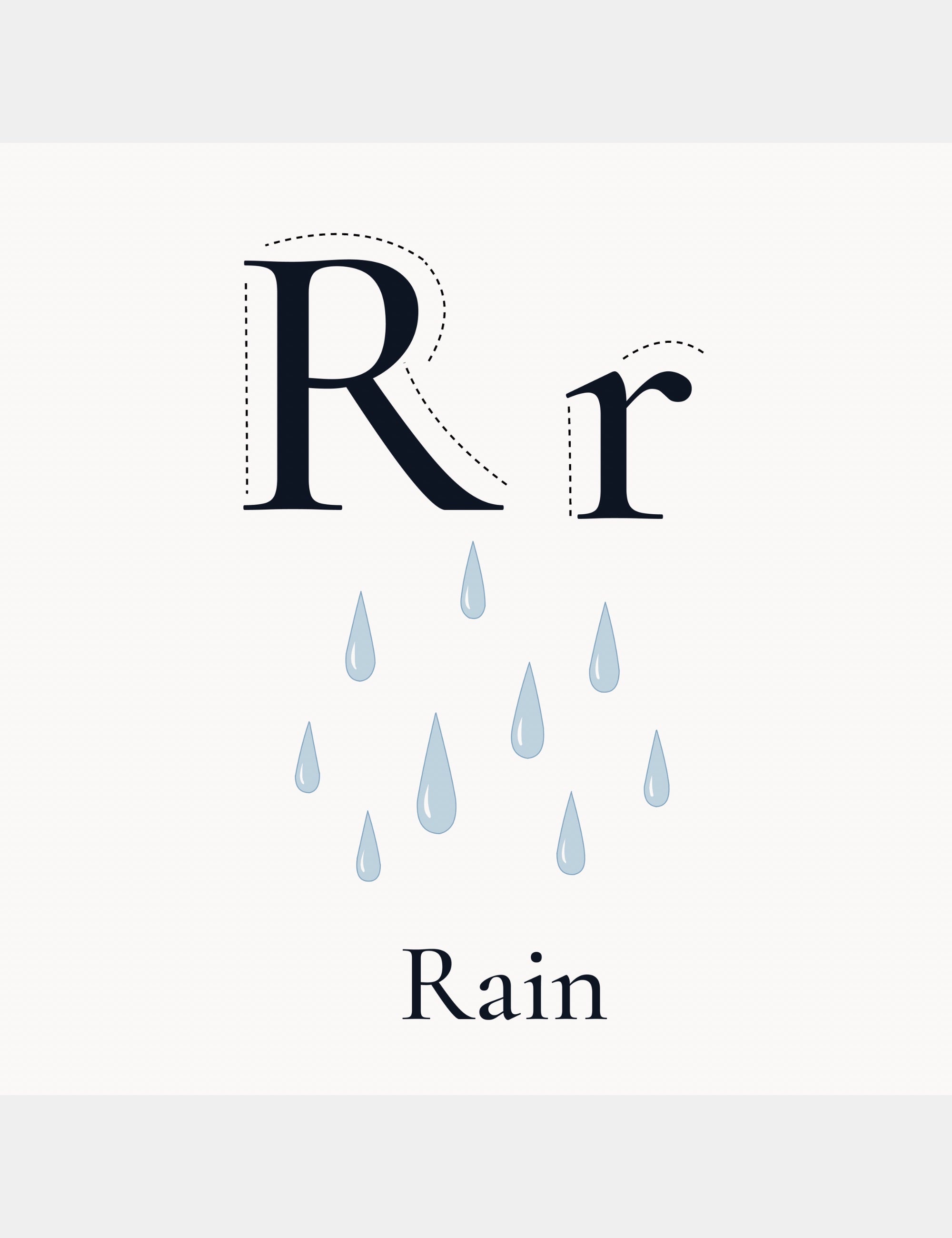 Letter R alphabet page from Bella the Sunshine Girl: ABC Book featuring soft illustrated raindrops and the word Rain for gentle early learning.