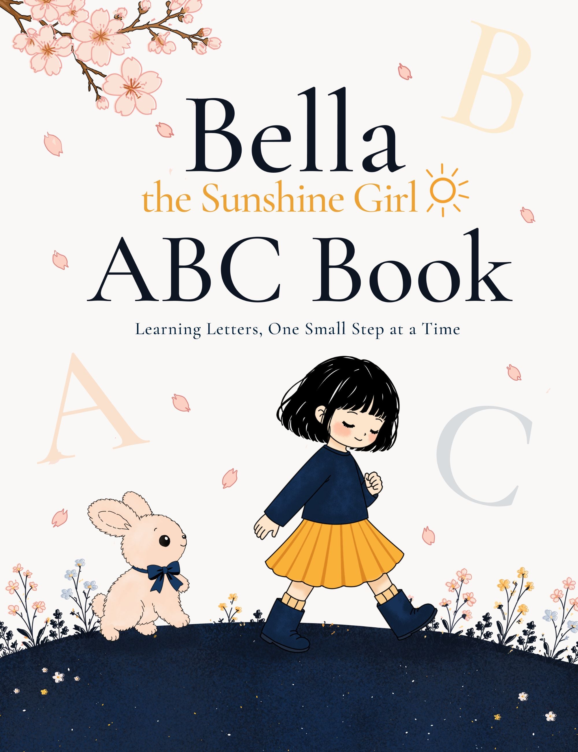Bella the Sunshine Girl ABC Book printable poster featuring Bella walking beside Bun the bunny with whimsical alphabet letters, soft cherry blossoms, and gentle storybook illustration by Casey Huang.