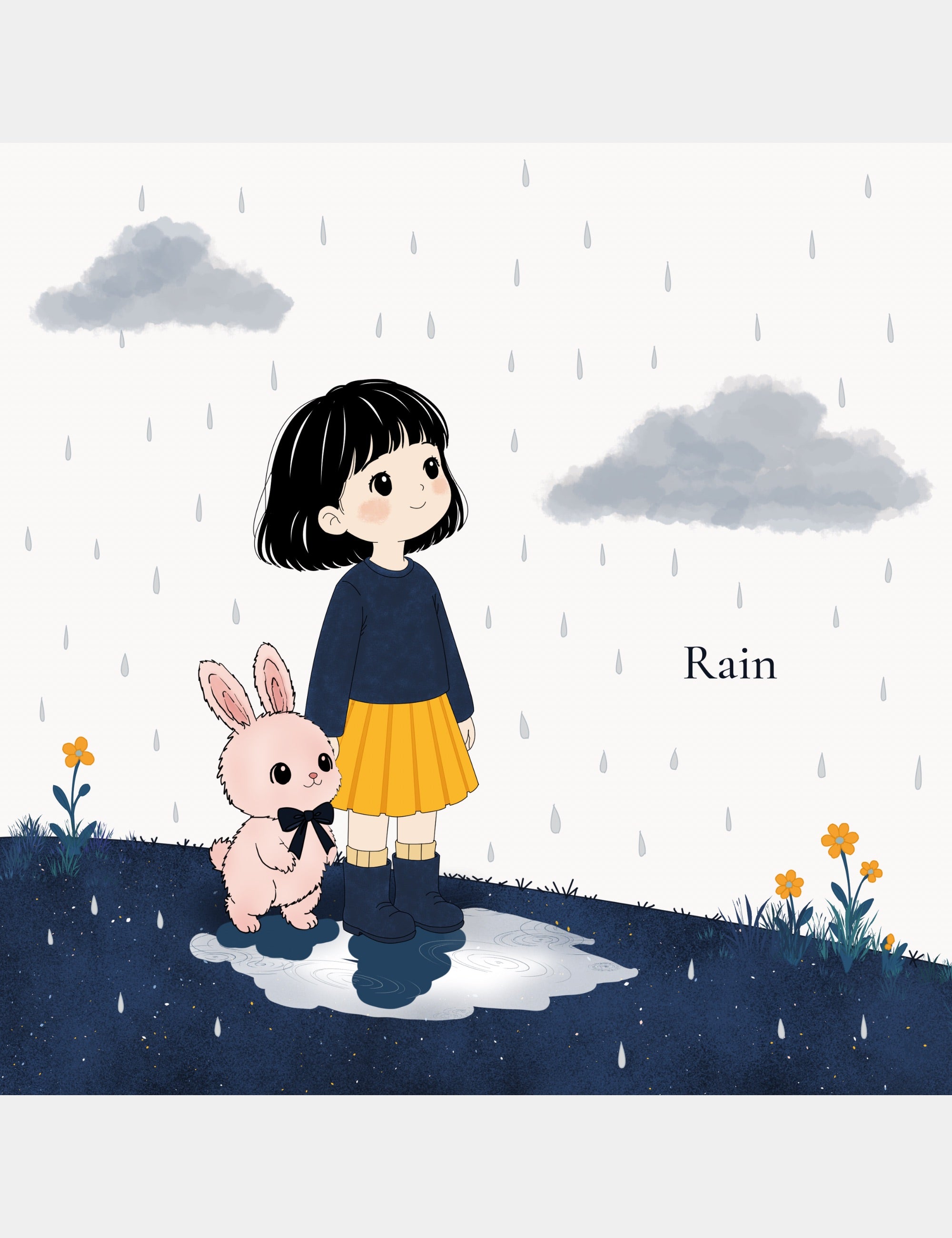 Alphabet learning page from Bella the Sunshine Girl: ABC Book featuring Bella and Bun standing in gentle rain beside puddles and soft clouds with the word Rain.