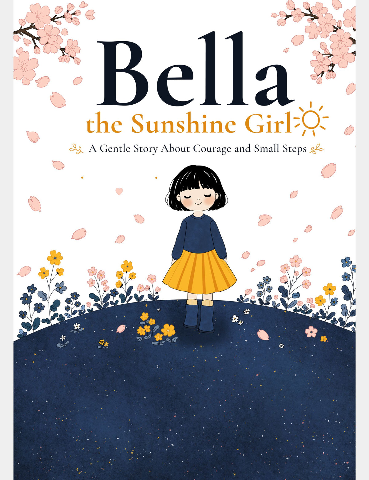 Book cover of Bella the Sunshine Girl, A Gentle Story About Courage and Small Steps, featuring Bella standing peacefully on a deep blue flower-covered hill surrounded by pink, yellow and blue blossoms.