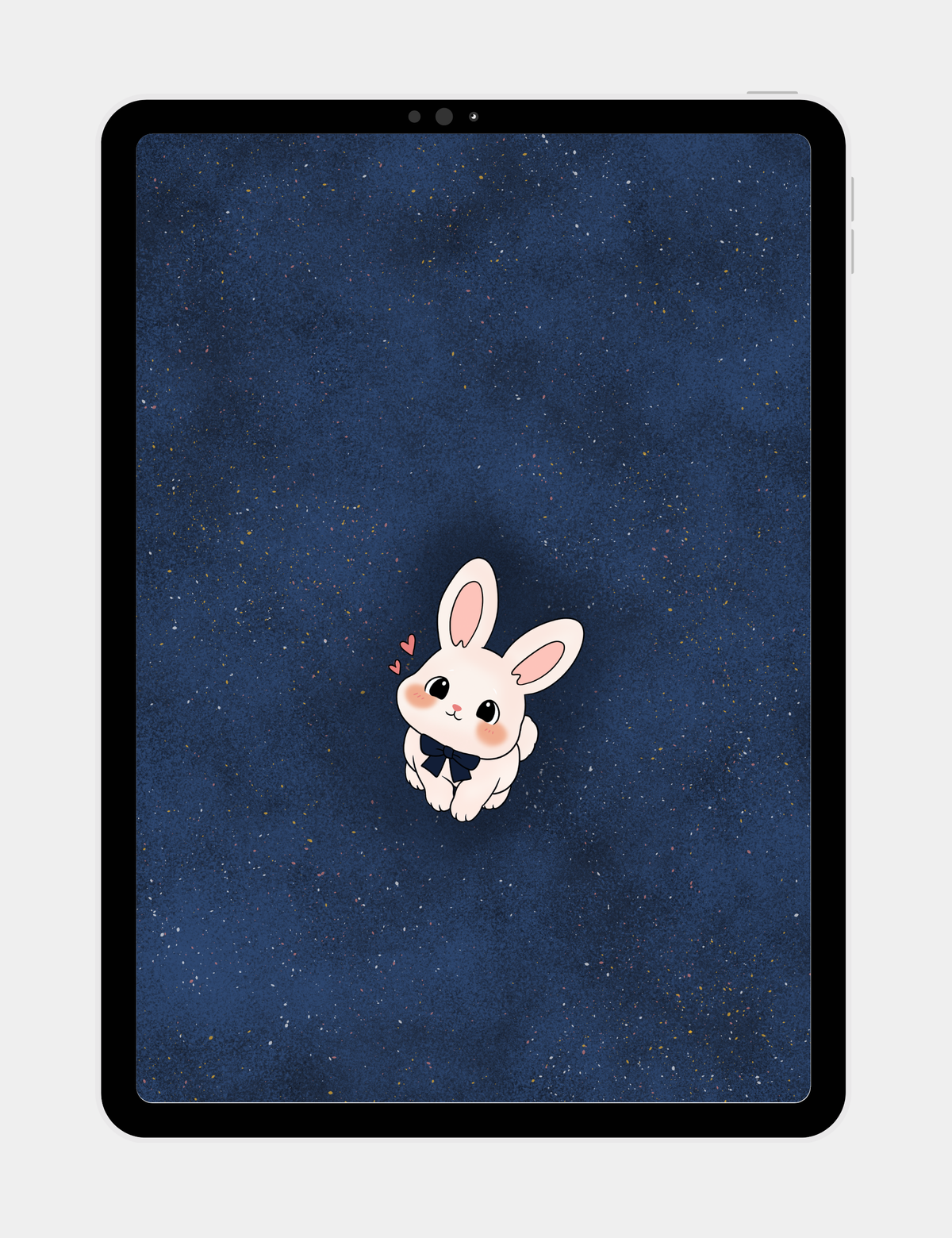 Bun from Bella the Sunshine Girl looking up with rosy cheeks, a navy bow tie, and tiny hearts near the bottom of the textured blue ground of Big Blue, designed as a tablet lock screen.
