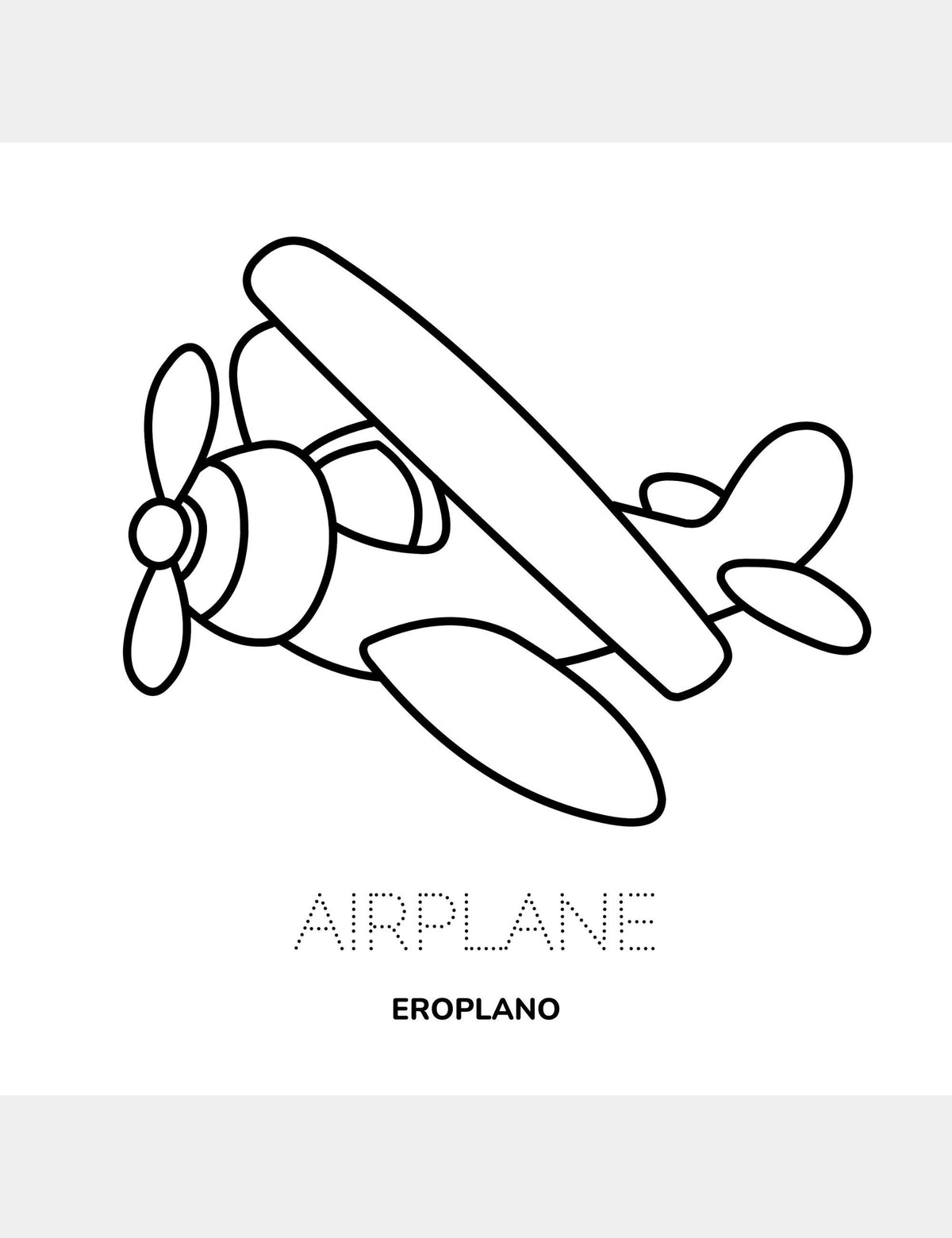 Airplane coloring page from Bella the Sunshine Girl featuring a large airplane illustration, the traceable English word “Airplane,” and the Cebuano word “Eroplano.”