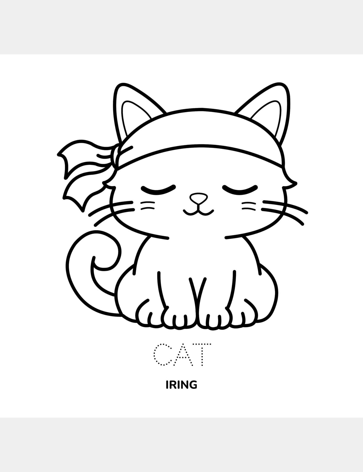 Cat coloring page from Bella the Sunshine Girl featuring a large cat illustration, the traceable English word “Cat,” and the Cebuano word “Iring.”