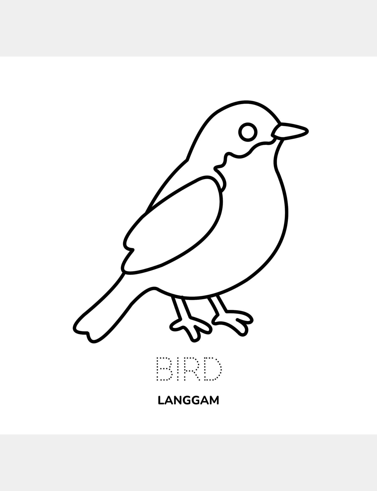 Bird coloring page from Bella the Sunshine Girl featuring a large bird illustration, the traceable English word “Bird,” and the Cebuano word “Langgam.”
