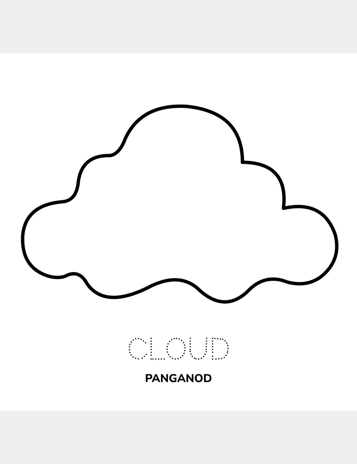 Cloud coloring page from Bella the Sunshine Girl featuring a large cloud illustration, the traceable English word “Cloud,” and the Cebuano word “Panganod.”