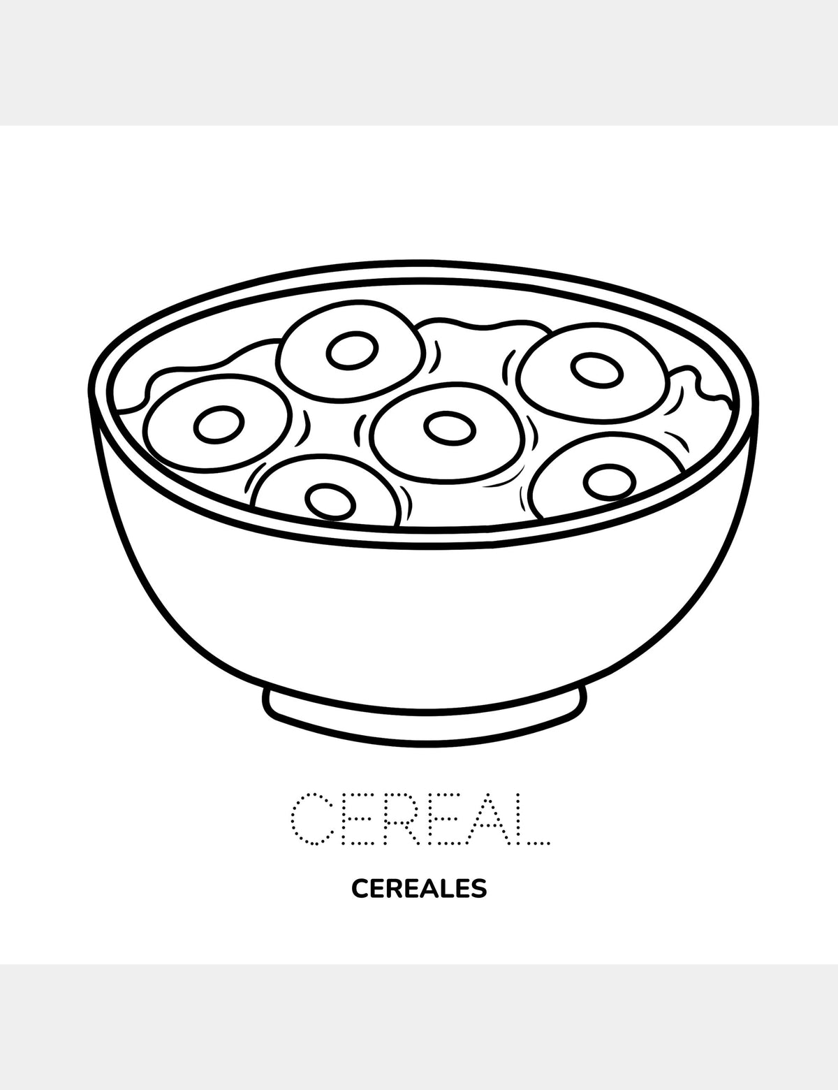 Página para colorear de Bella the Sunshine Girl con la palabra Cereal en inglés y Cereales en español.