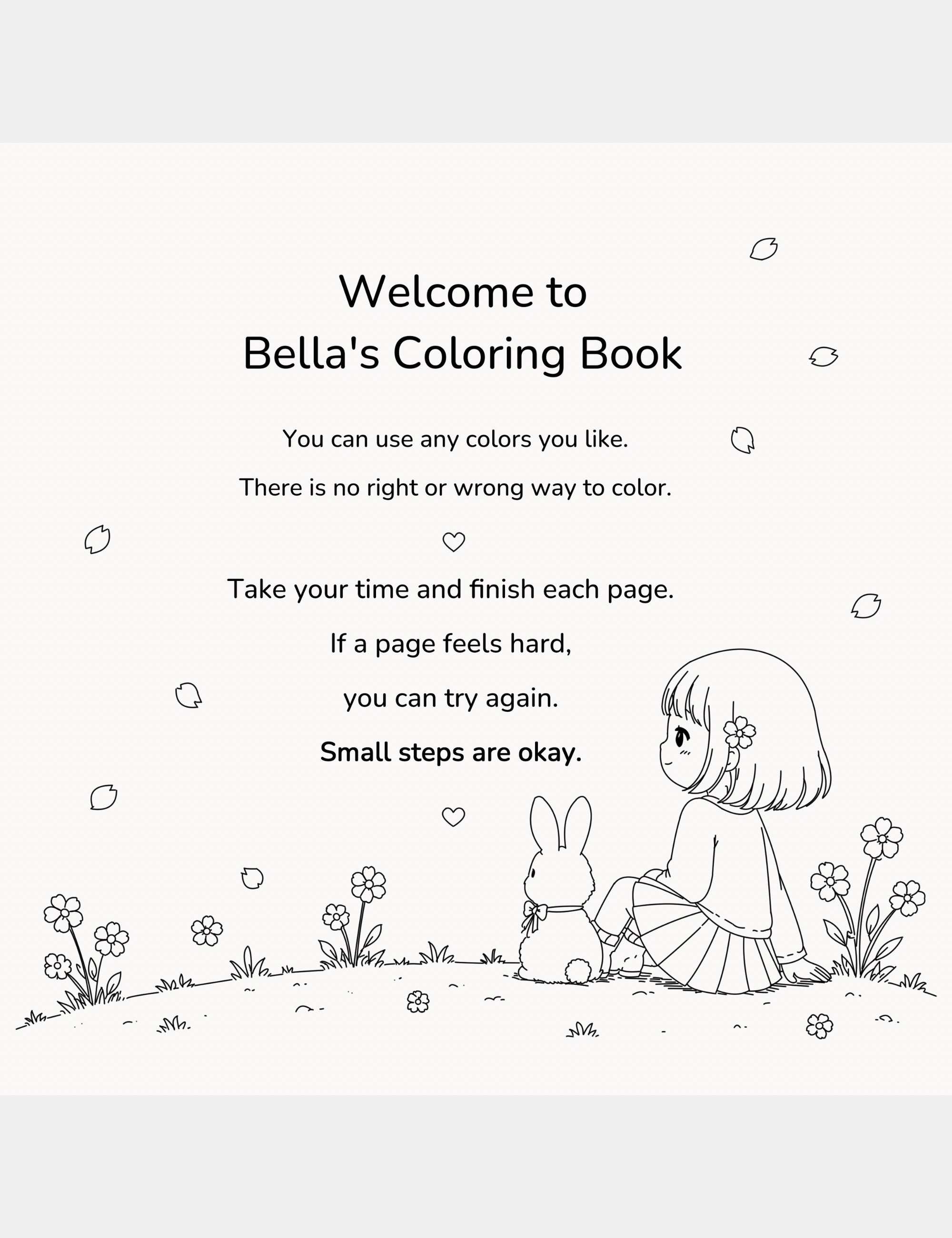 Welcome page from Bella the Sunshine Girl Coloring Book featuring Bella and Bun sitting together among flowers with gentle encouragement about courage, emotions, and taking small steps.