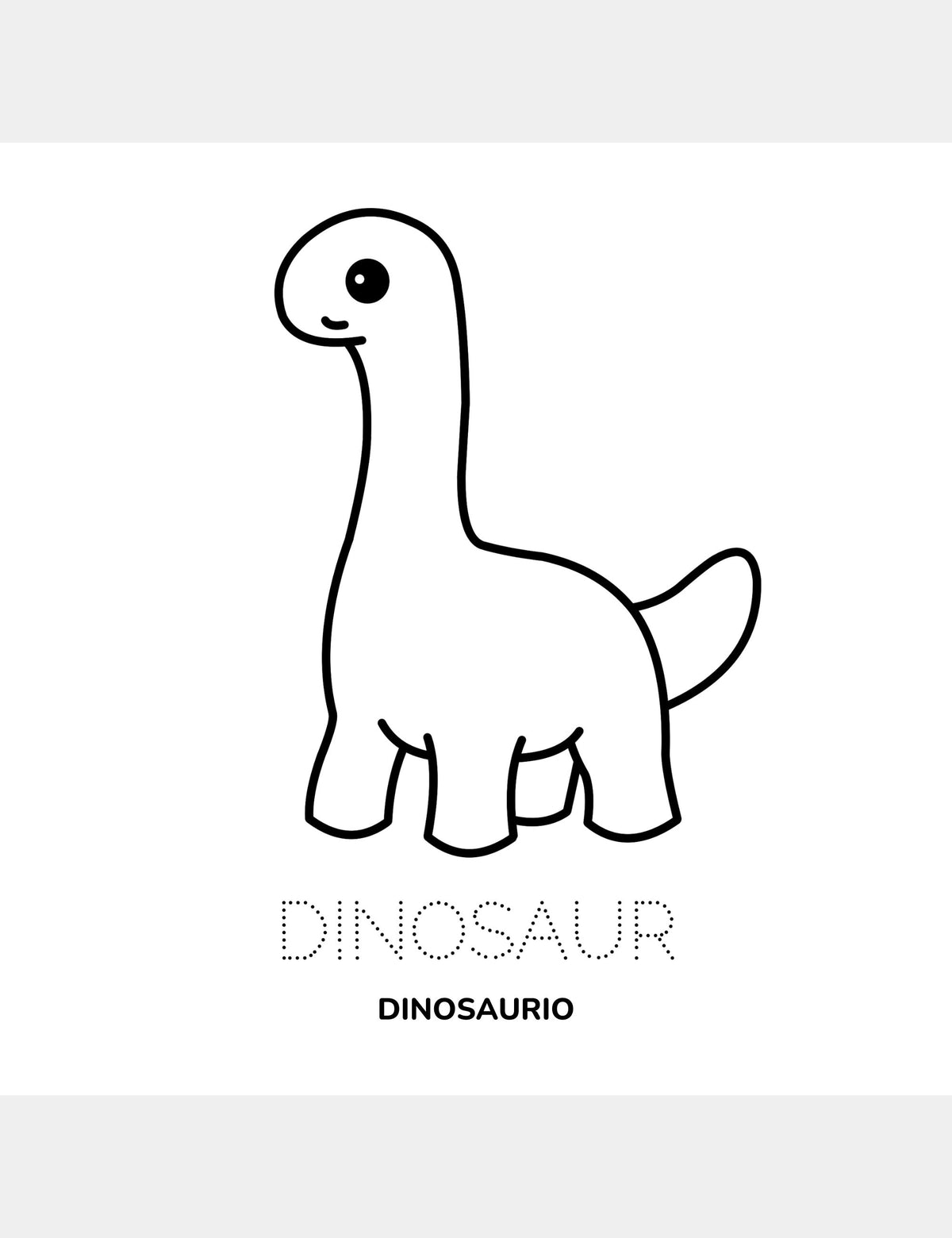 Página para colorear de Bella the Sunshine Girl con la palabra Dinosaur en inglés y Dinosaurio en español.