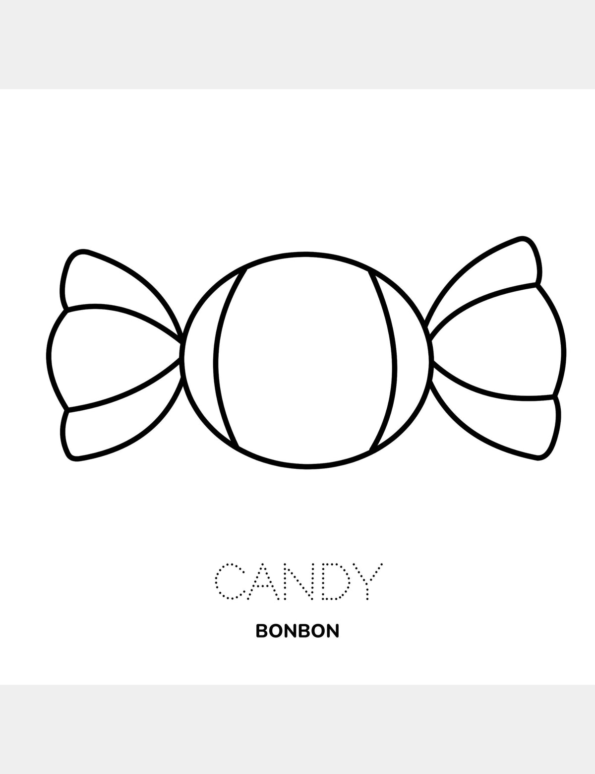 Candy coloring page from Bella the Sunshine Girl featuring a large wrapped candy illustration, the traceable English word “Candy,” and the French word “Bonbon.”
