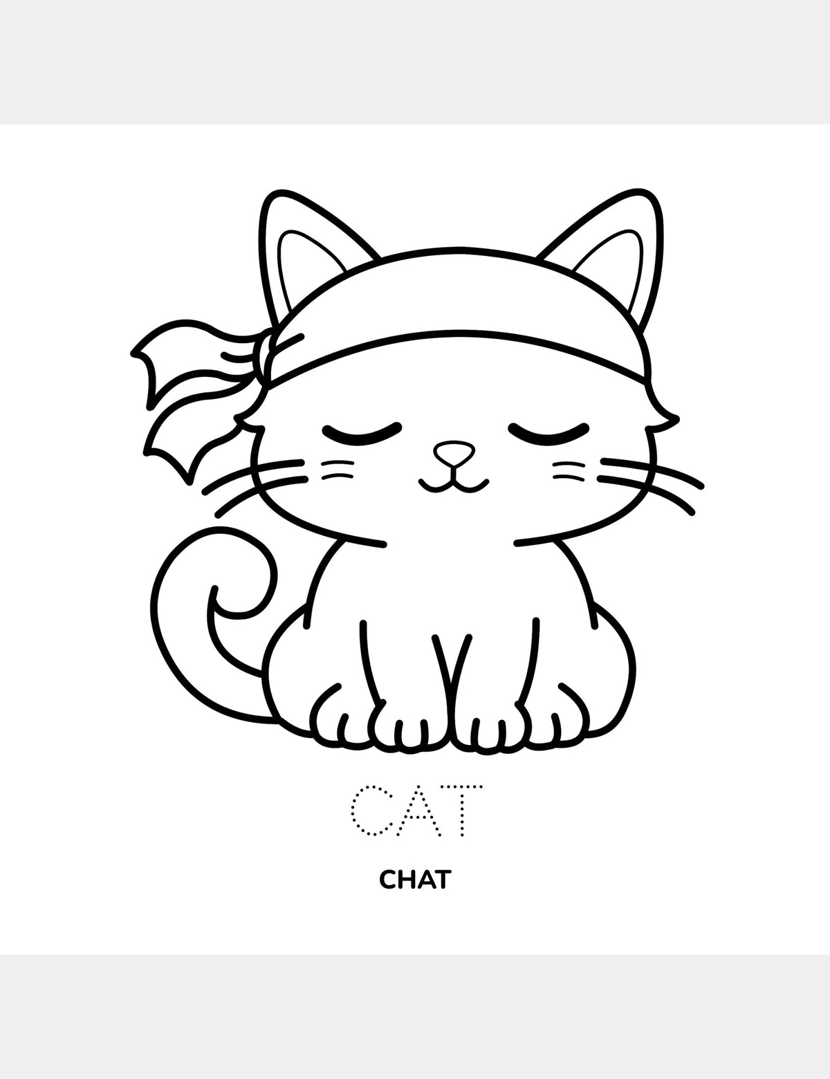 Cat coloring page from Bella the Sunshine Girl featuring a large cat illustration, the traceable English word “Cat,” and the French word “Chat.”