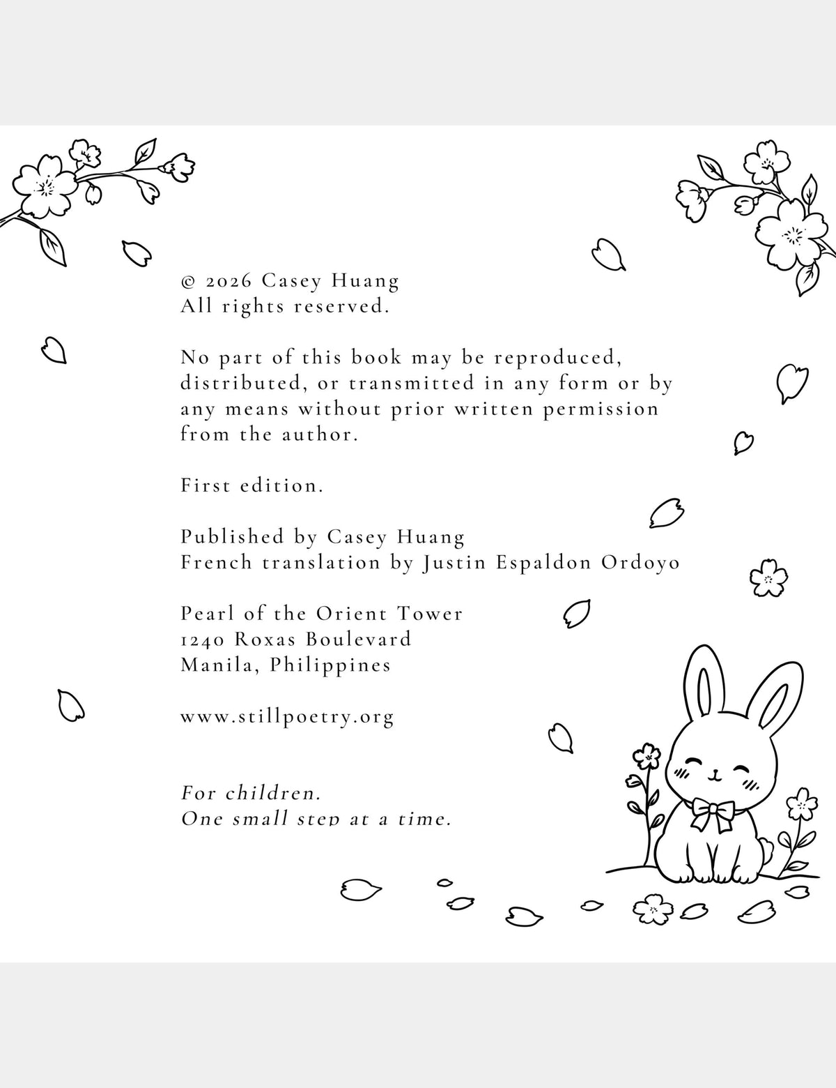 Copyright page of the Bella the Sunshine Girl French coloring book, created and published by Casey Huang, with French translation by Justin Espaldon Ordoyo.
