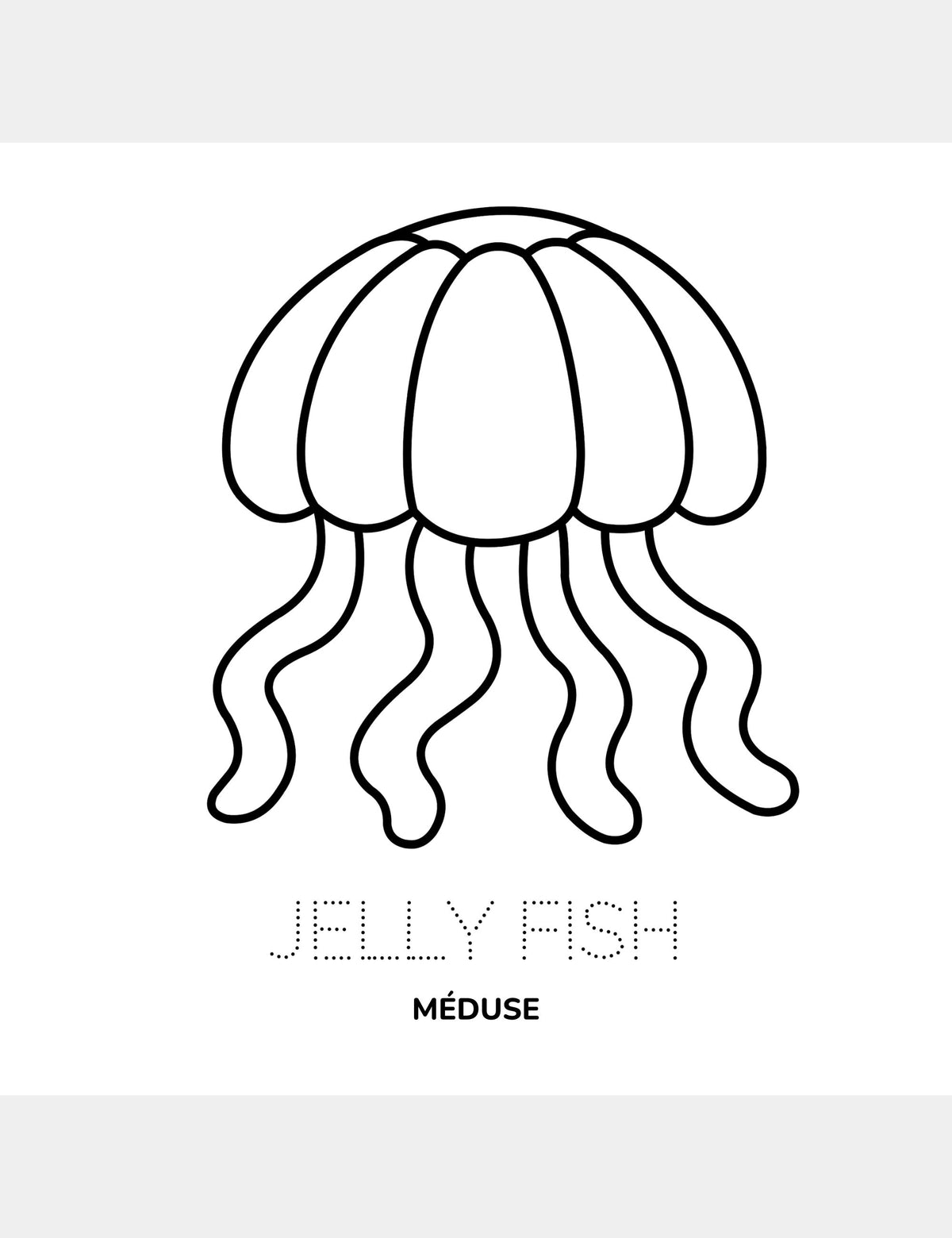 Jellyfish coloring page from Bella the Sunshine Girl featuring a large jellyfish illustration, the traceable English word “Jellyfish,” and the French word “Méduse.”