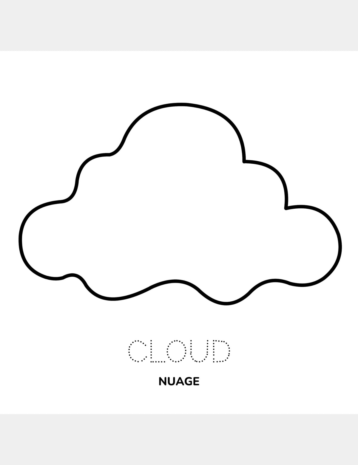 Cloud coloring page from Bella the Sunshine Girl featuring a large cloud illustration, the traceable English word “Cloud,” and the French word “Nuage.”