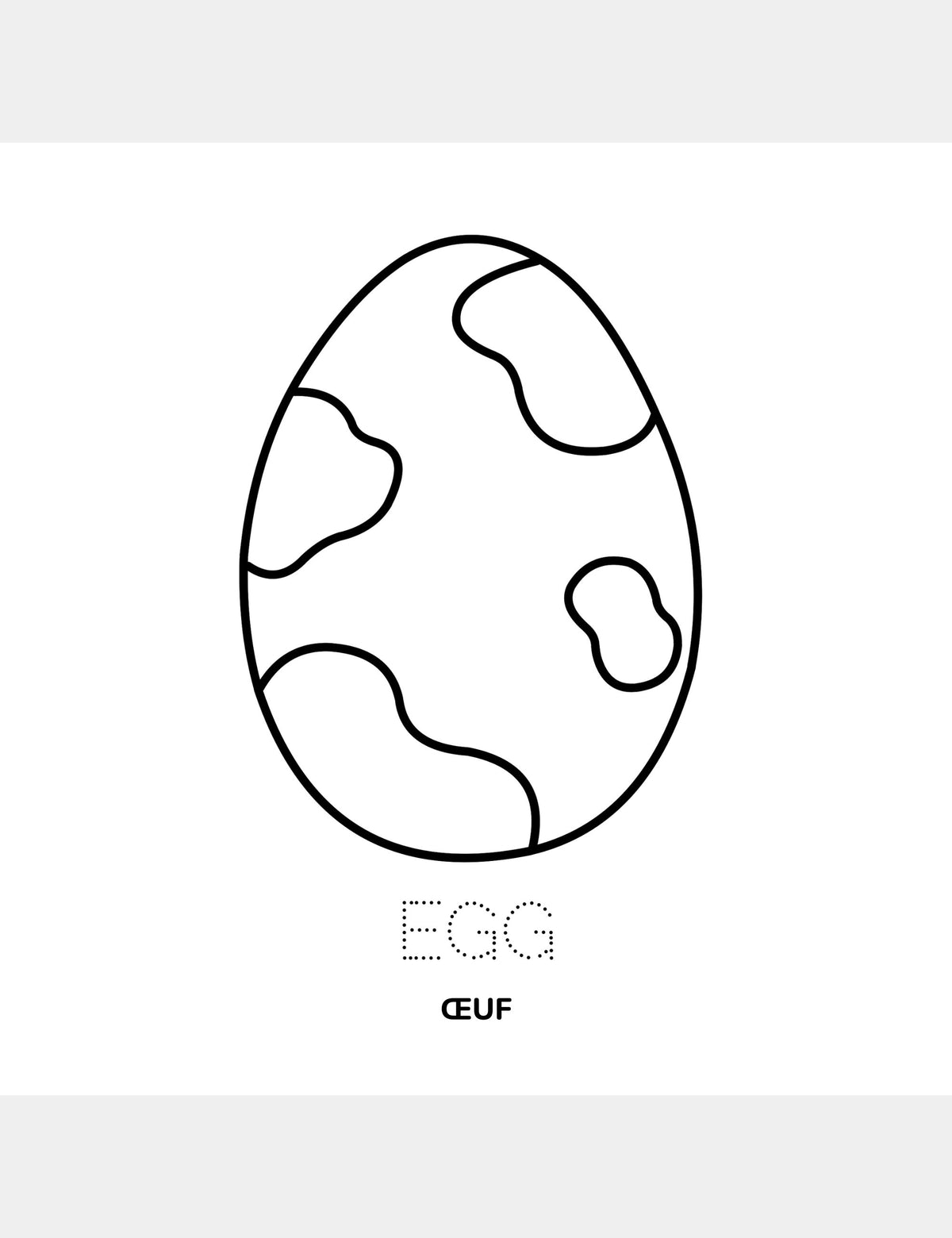 Egg coloring page from Bella the Sunshine Girl featuring a large egg illustration, the traceable English word “Egg,” and the French word “Œuf.”