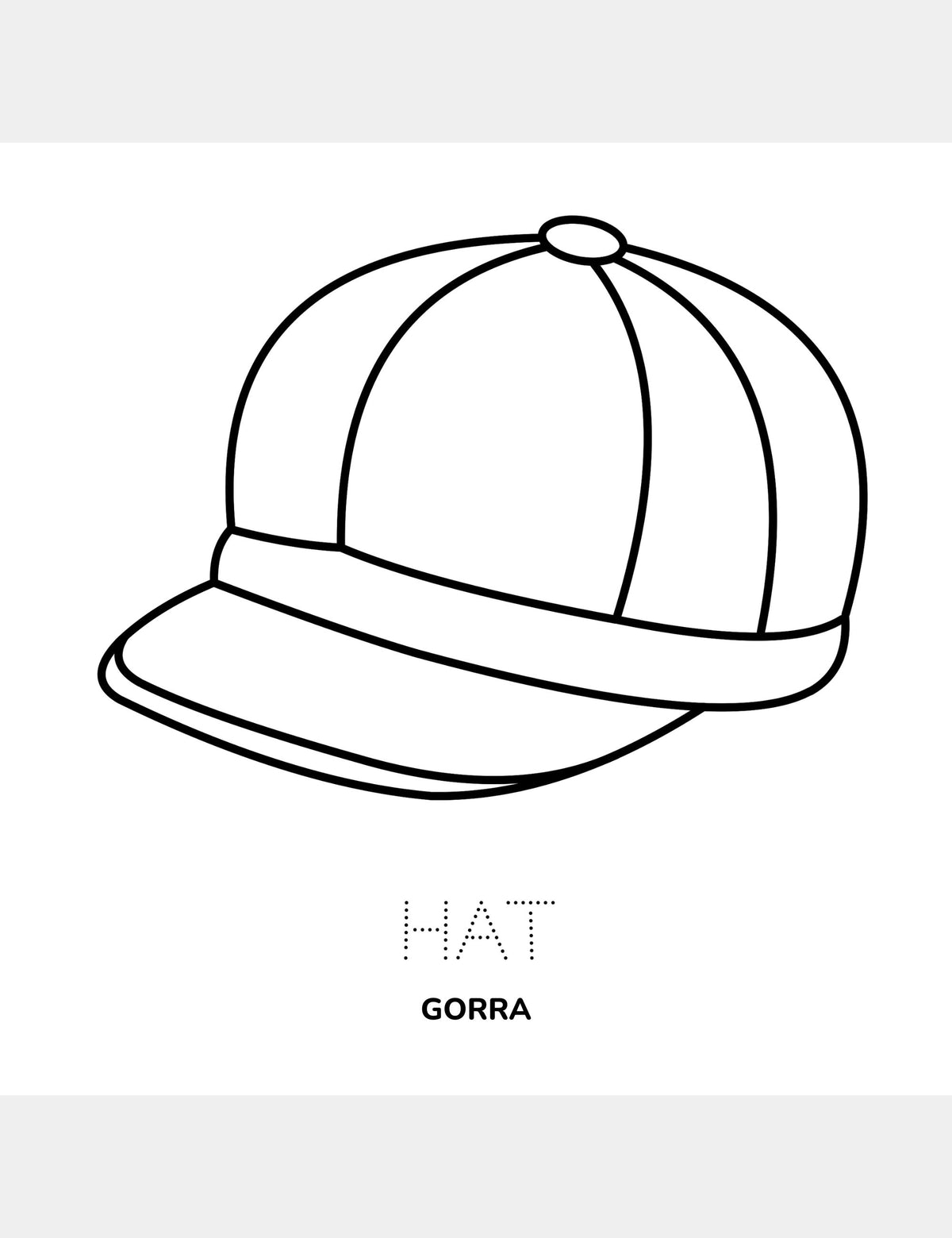 Página para colorear de Bella the Sunshine Girl con la palabra Hat en inglés y Gorra en español.