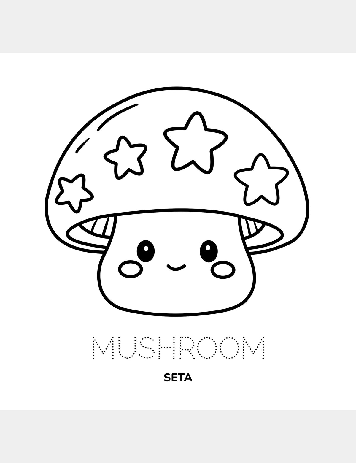Página para colorear de Bella the Sunshine Girl con la palabra Mushroom en inglés y Seta en español.