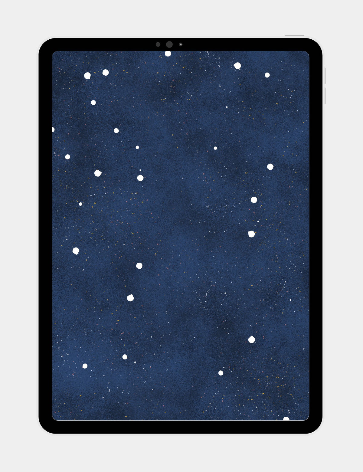 Snow scattered across the textured blue ground of Big Blue from Bella the Sunshine Girl, with irregular white snow patches and tiny colorful flecks.