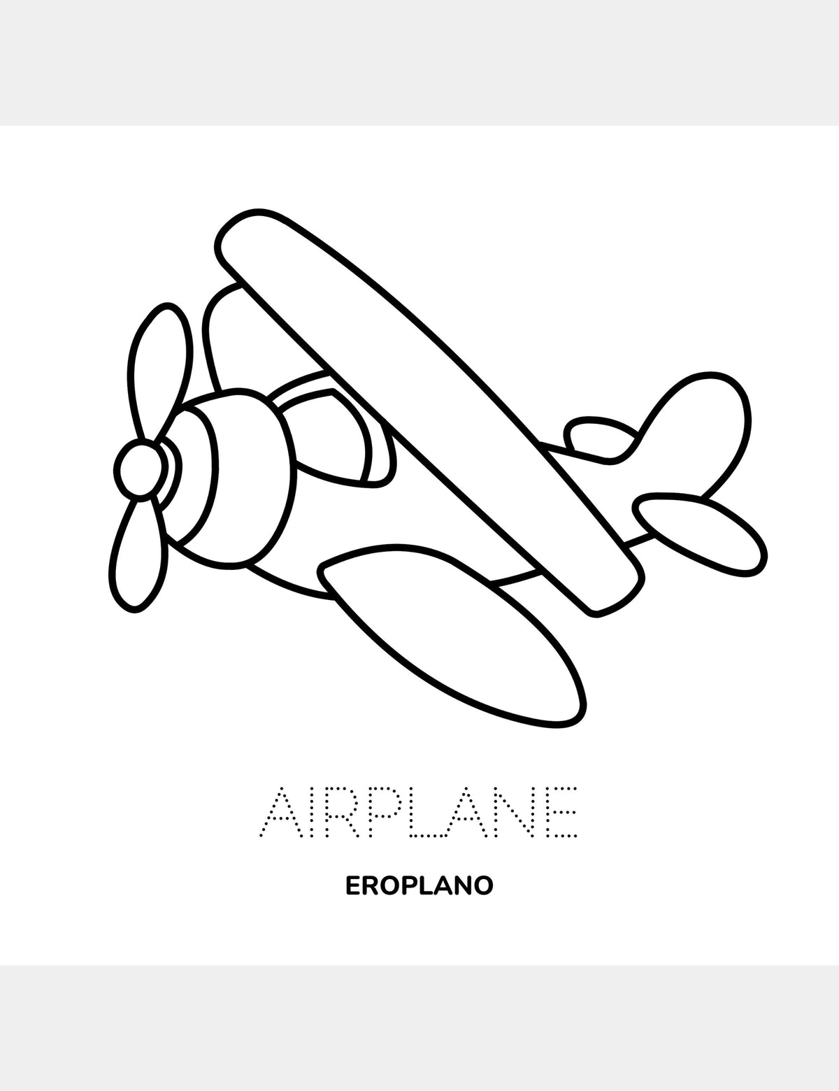Eroplano coloring page from the Bella the Sunshine Girl Tagalog coloring book, featuring a large airplane illustration with the traceable English word Airplane and the Tagalog word Eroplano.