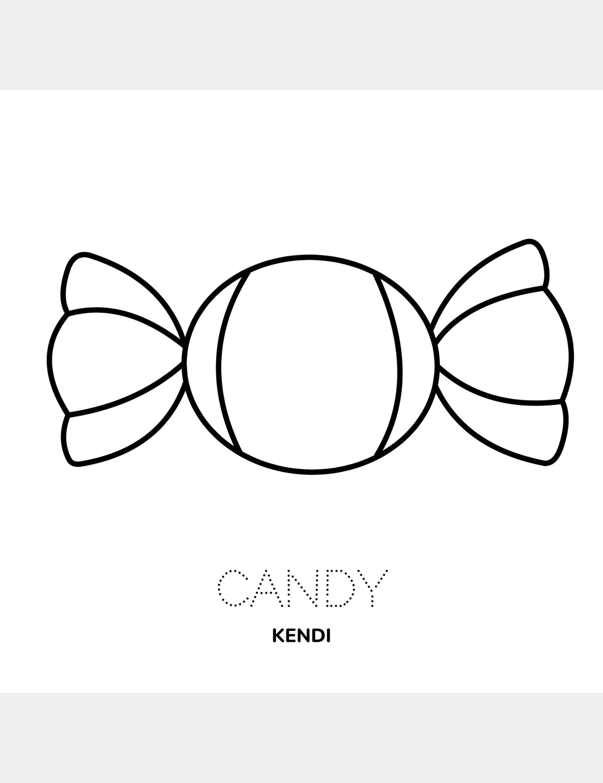 Kendi coloring page from the Bella the Sunshine Girl Tagalog coloring book, featuring a large wrapped candy to color with the traceable English word Candy and the Tagalog word Kendi.