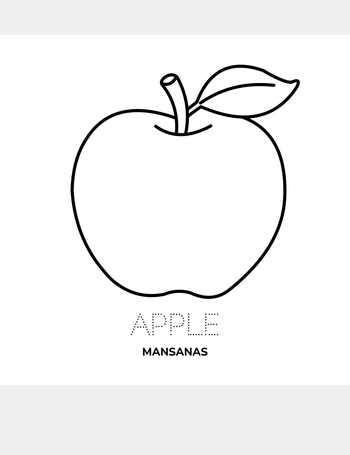 Mansanas coloring page from the Bella the Sunshine Girl Tagalog coloring book, featuring a large apple to color with the traceable English word Apple and the Tagalog word Mansanas.
