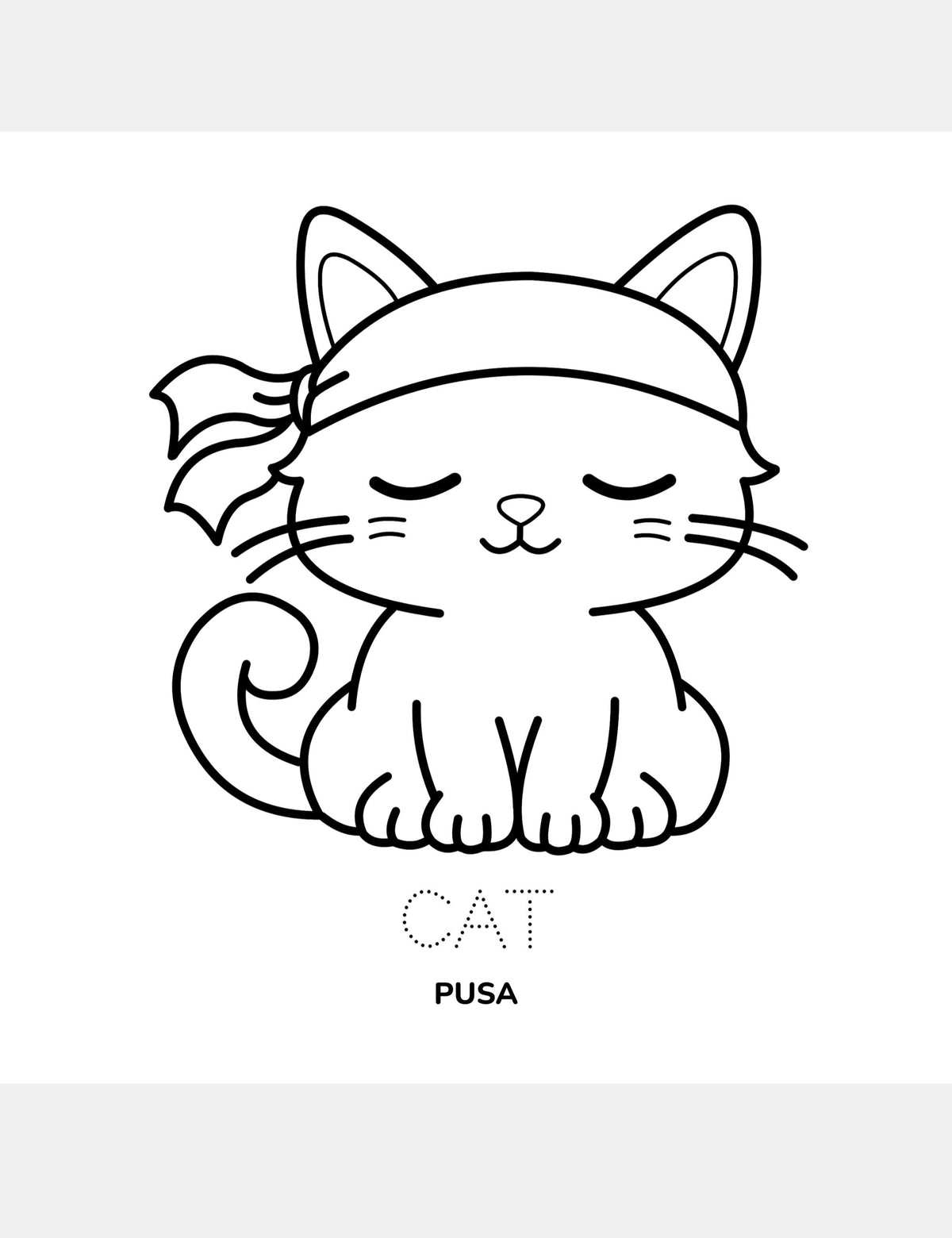 Pusa coloring page from the Bella the Sunshine Girl Tagalog coloring book, featuring a large cat wearing a headband to color with the traceable English word Cat and the Tagalog word Pusa.