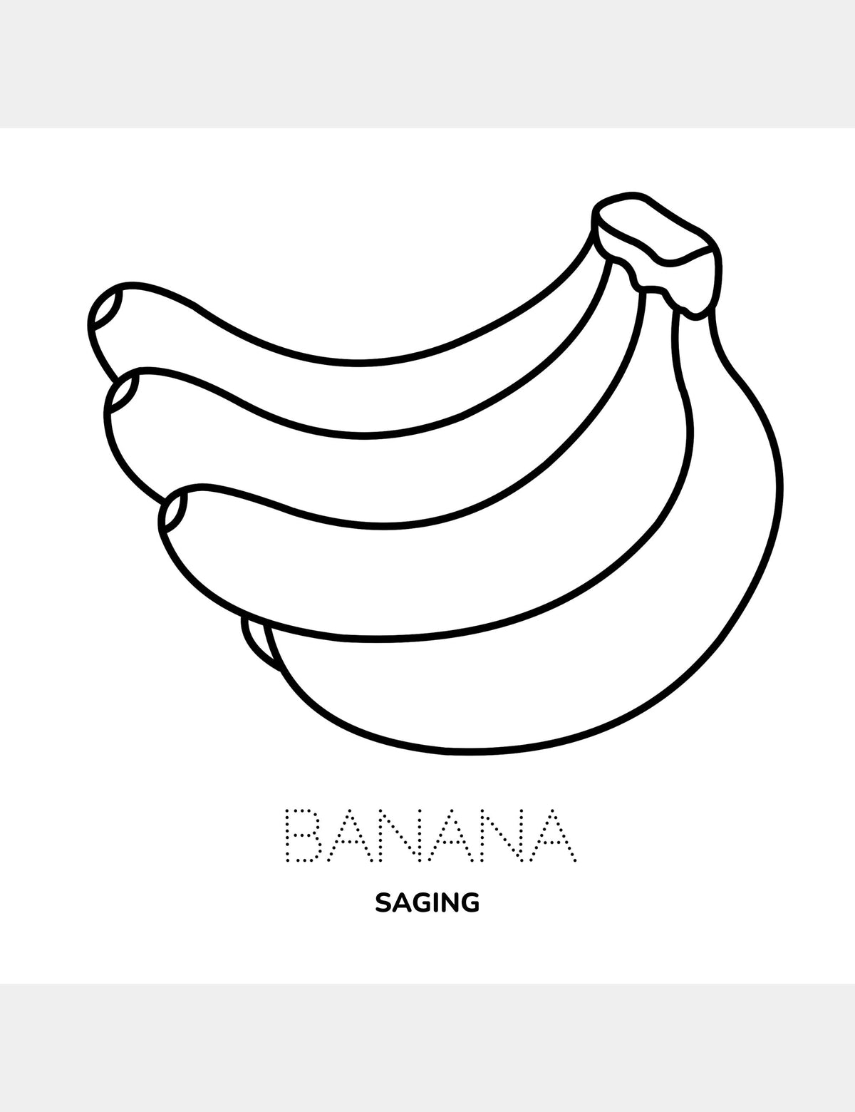 Saging coloring page from the Bella the Sunshine Girl Tagalog coloring book, featuring a large bunch of bananas to color with the traceable English word Banana and the Tagalog word Saging.