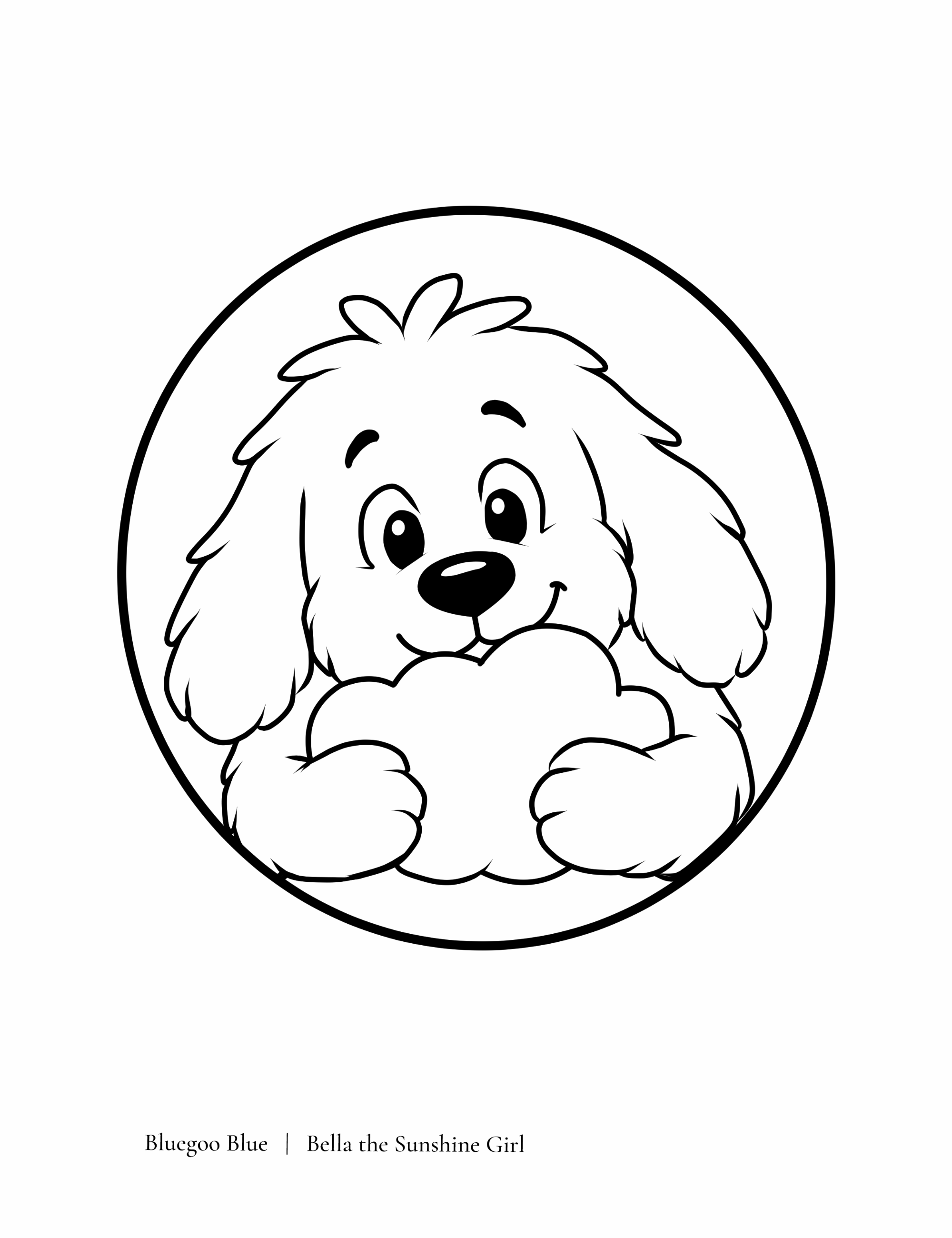 Free printable BlueGloo Blue coloring page featuring the fluffy character hugging a cloud inside a circular frame. Cute whimsical coloring activity for children focused on comfort, imagination, and cozy creativity.