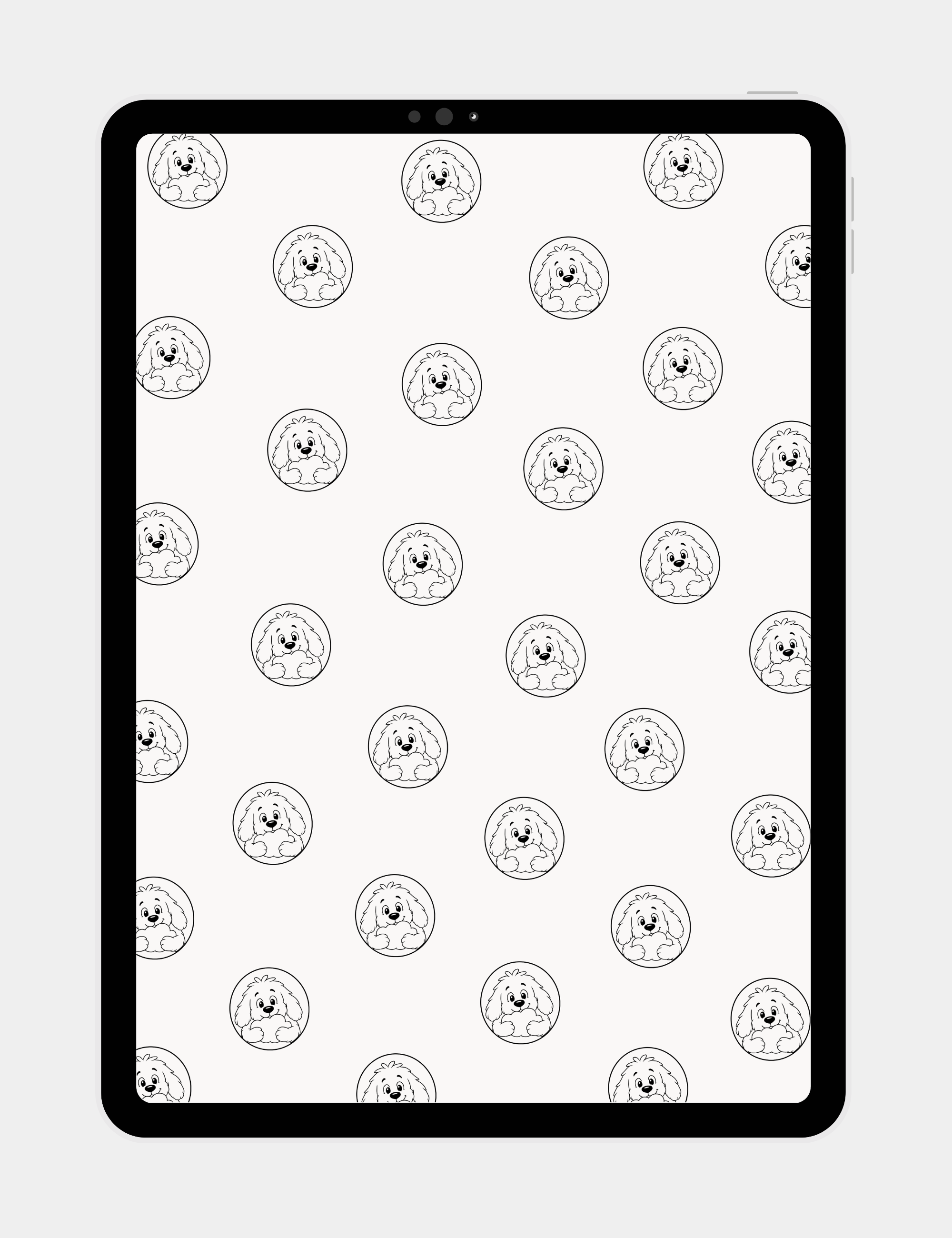 Minimalist tablet wallpaper featuring repeating Bluegoo Blue puppy icons in circular frames on a soft neutral background.