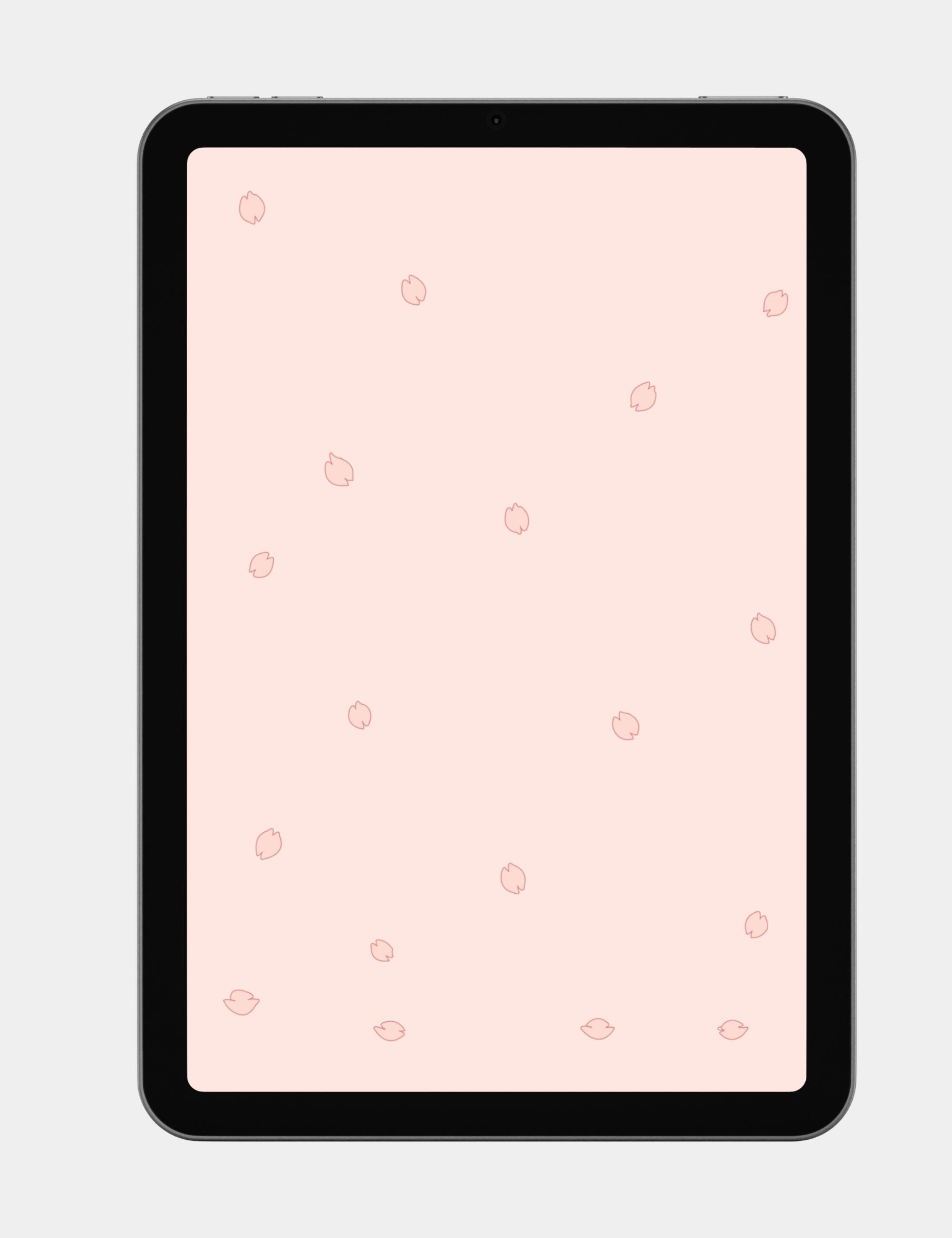 Blush pink minimalist tablet wallpaper with floating cherry blossom petals and soft spring aesthetic.