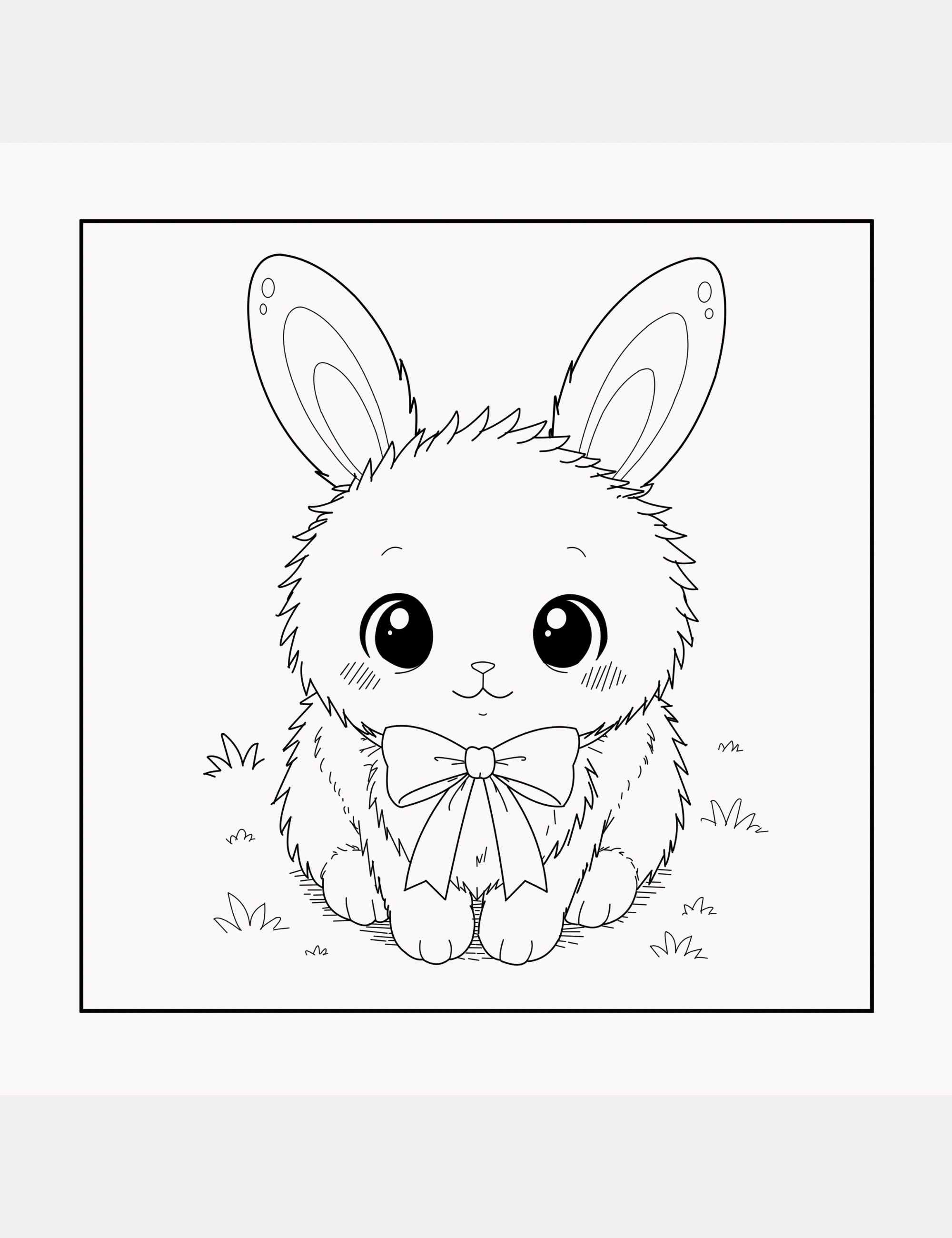 Character coloring page from Bella the Sunshine Girl featuring Bun the fluffy bunny sitting peacefully with a ribbon bow and gentle kawaii-style details for children to color.