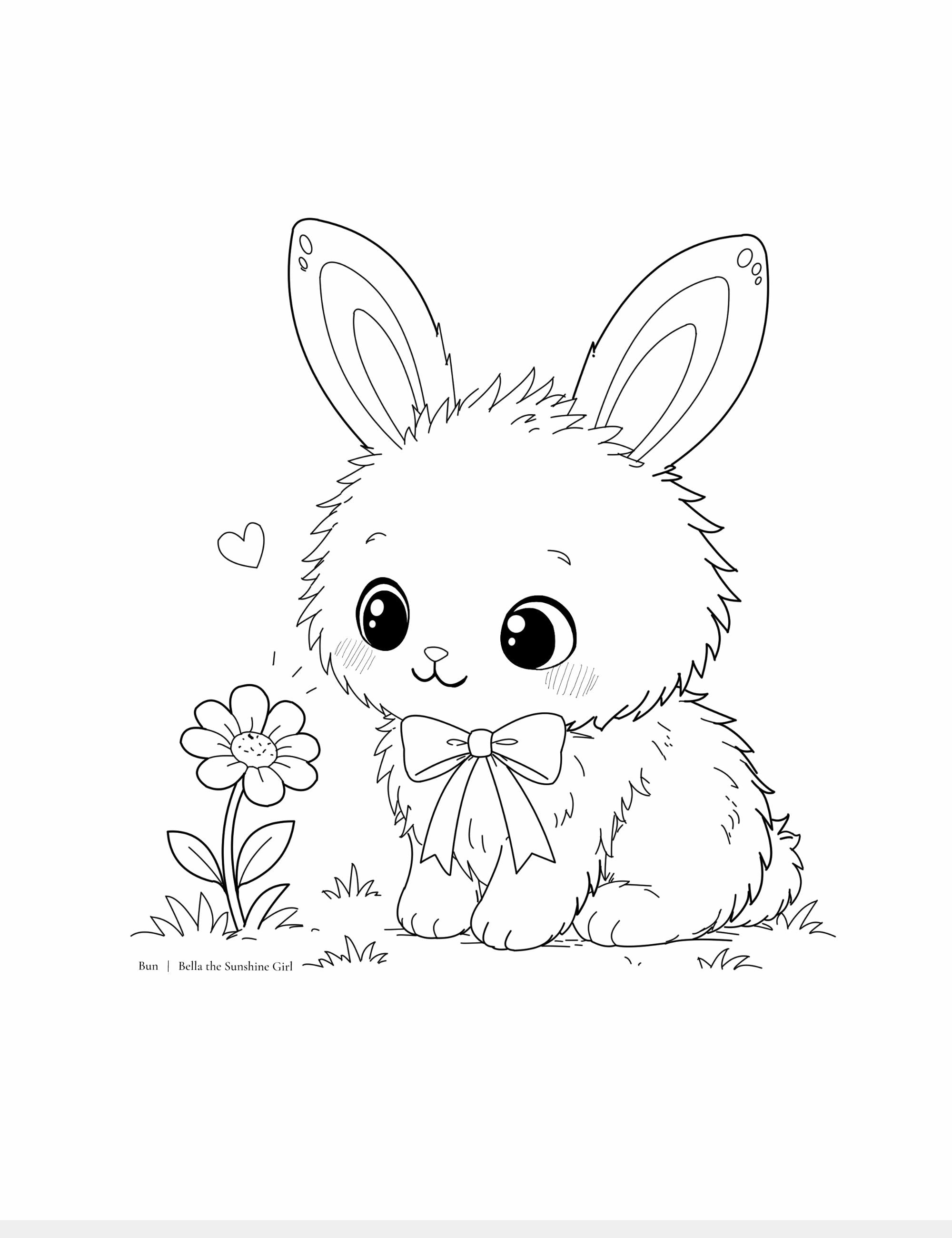 Cute printable coloring page featuring Bun the fluffy bunny beside a flower from Bella the Sunshine Girl. Gentle children’s coloring activity focused on kindness, calmness, friendship, and imagination.