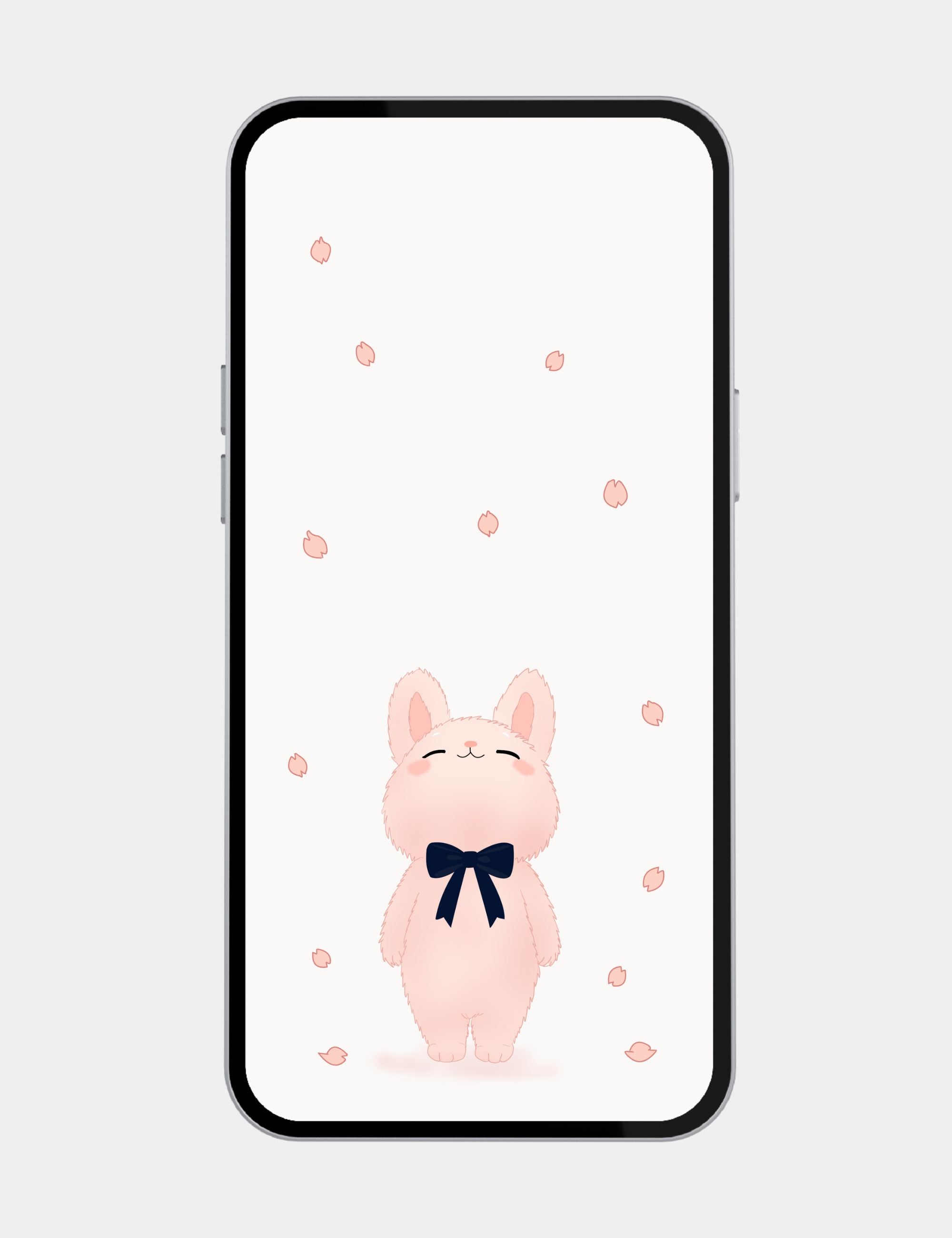 Cute pastel bunny mobile wallpaper with cherry blossom petals, navy ribbon, and soft cream background.