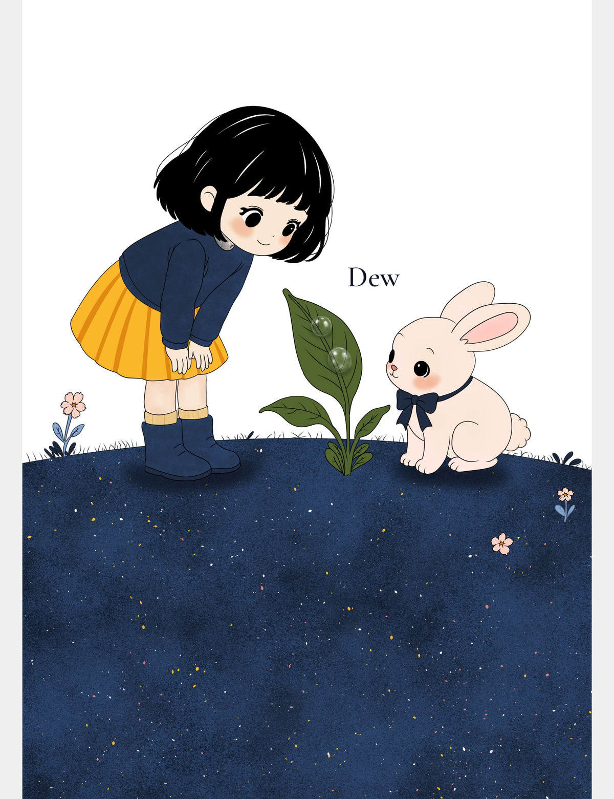 D is for Dew educational poster from Bella the Sunshine Girl ABC Adventure featuring Bella and Bun looking closely at sparkling dew drops resting on a green leaf.