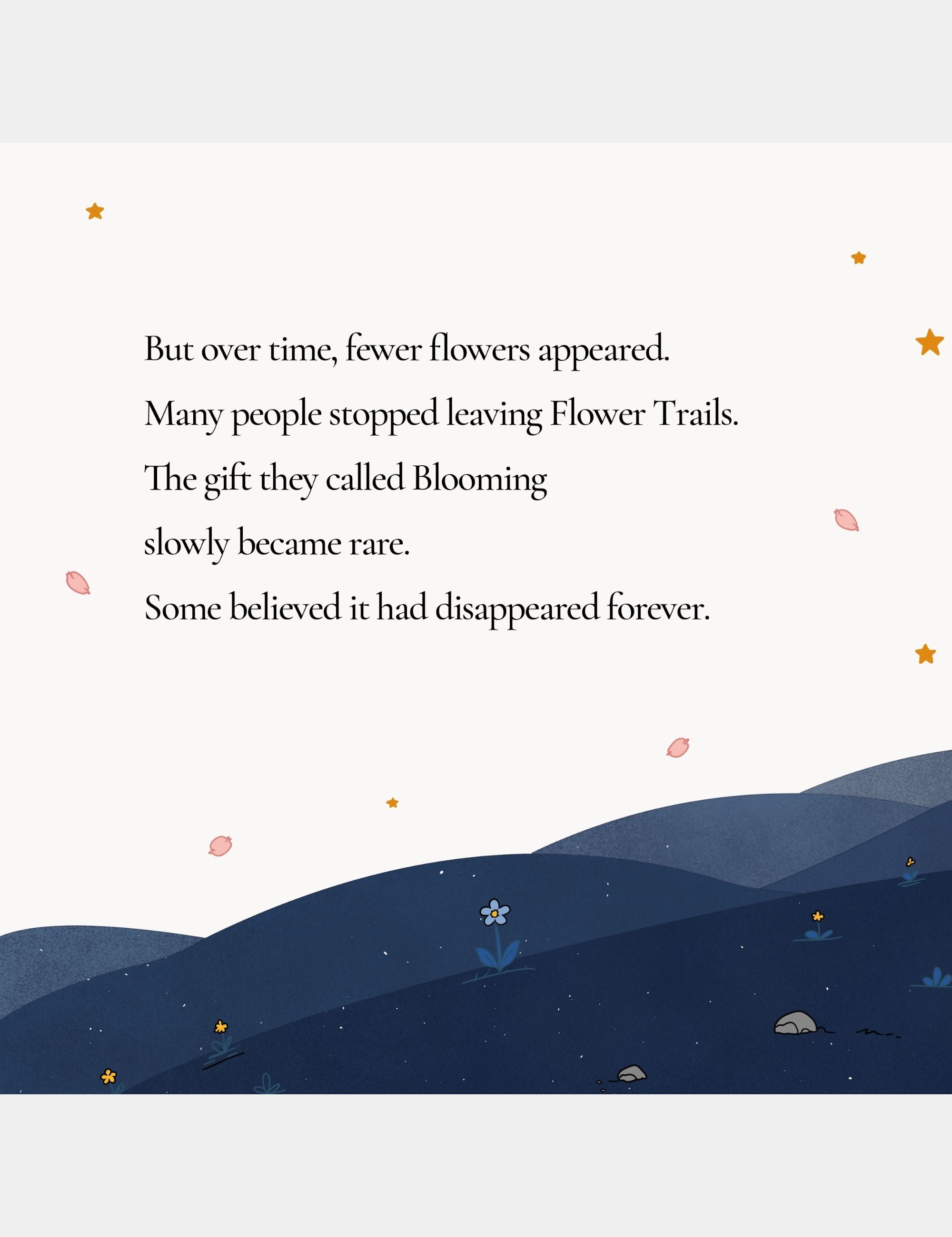Preview illustration from Bella the Sunshine Girl showing the dark blue hills of Big Blue after Flower Trails became rare and many flowers disappeared over time.