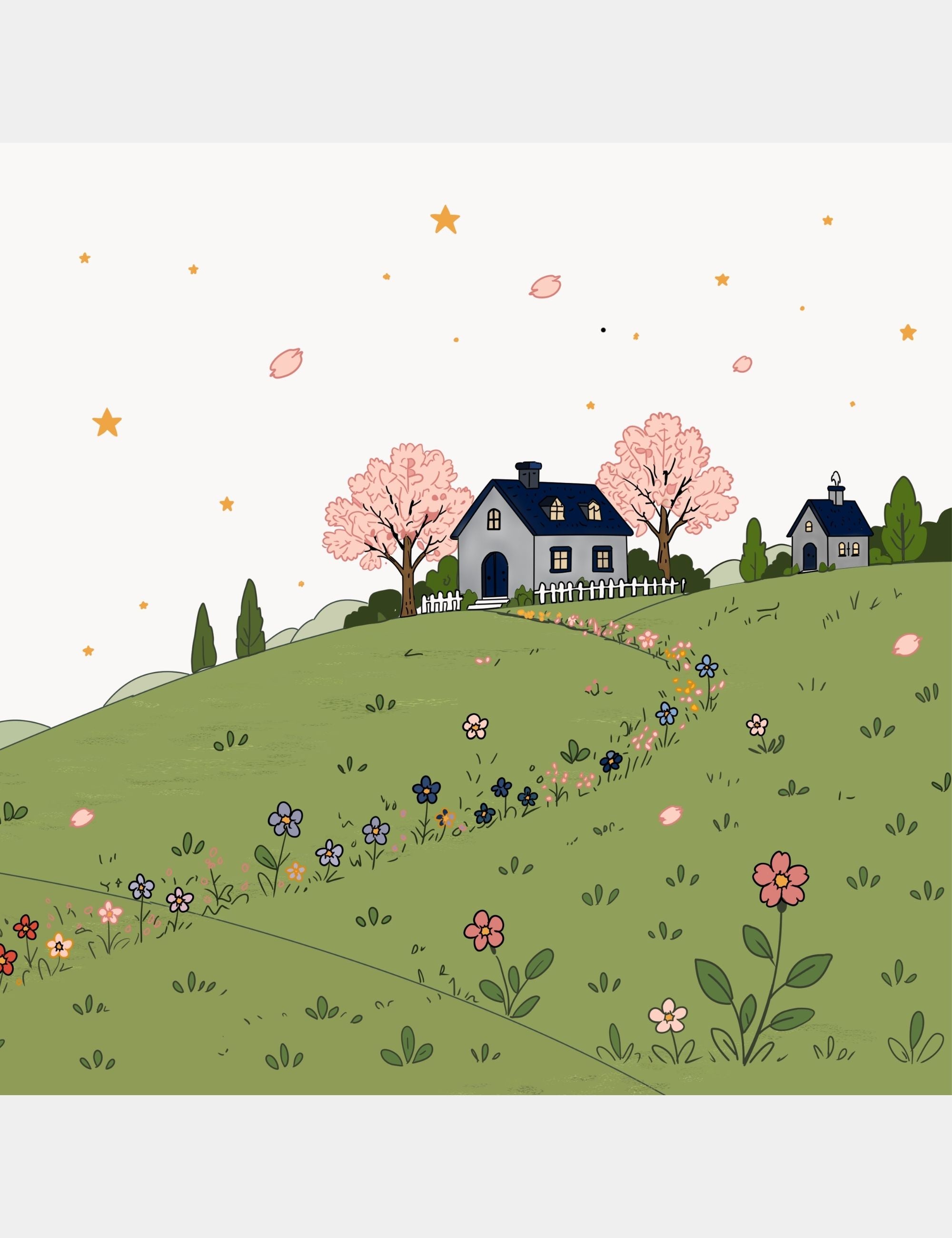 Illustrated preview scene from Bella the Sunshine Girl featuring peaceful green hills, blooming Flower Trails, cherry blossom trees, and cozy blue-roofed homes across the early world of Big Blue.