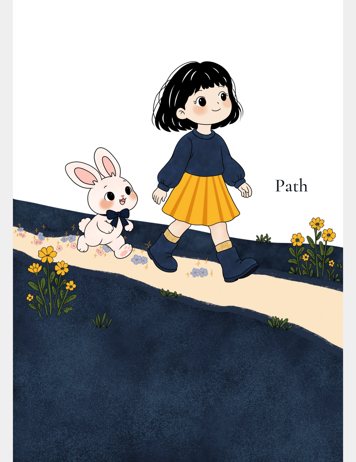 Free A4 P is for Path ABC learning poster featuring Bella the Sunshine Girl and Bun the Pink Bunny walking together along a flower-lined path on Big Blue.