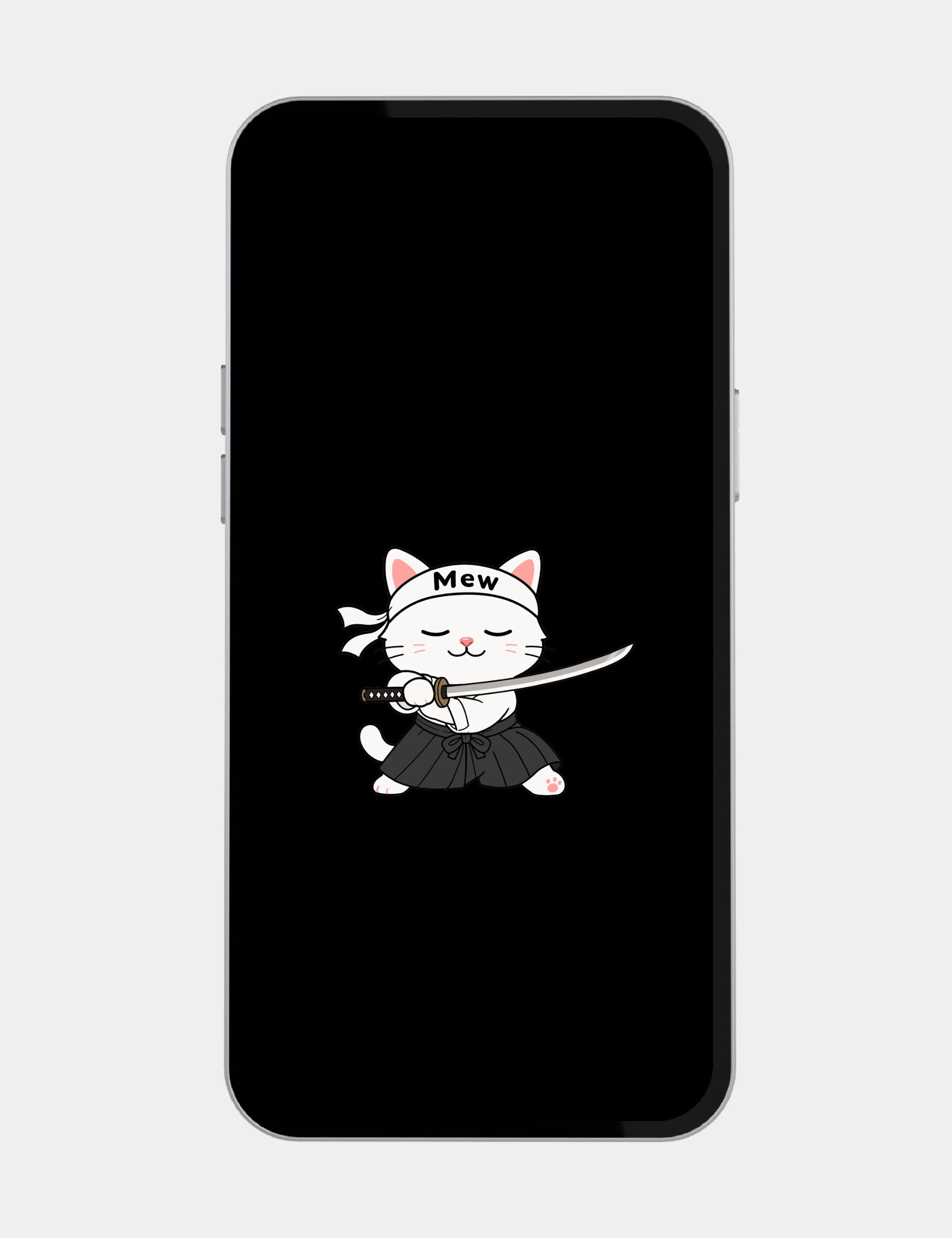 Free black mobile wallpaper featuring Mewmiwmiw calmly holding a katana in a minimalist anime-inspired samurai stance.